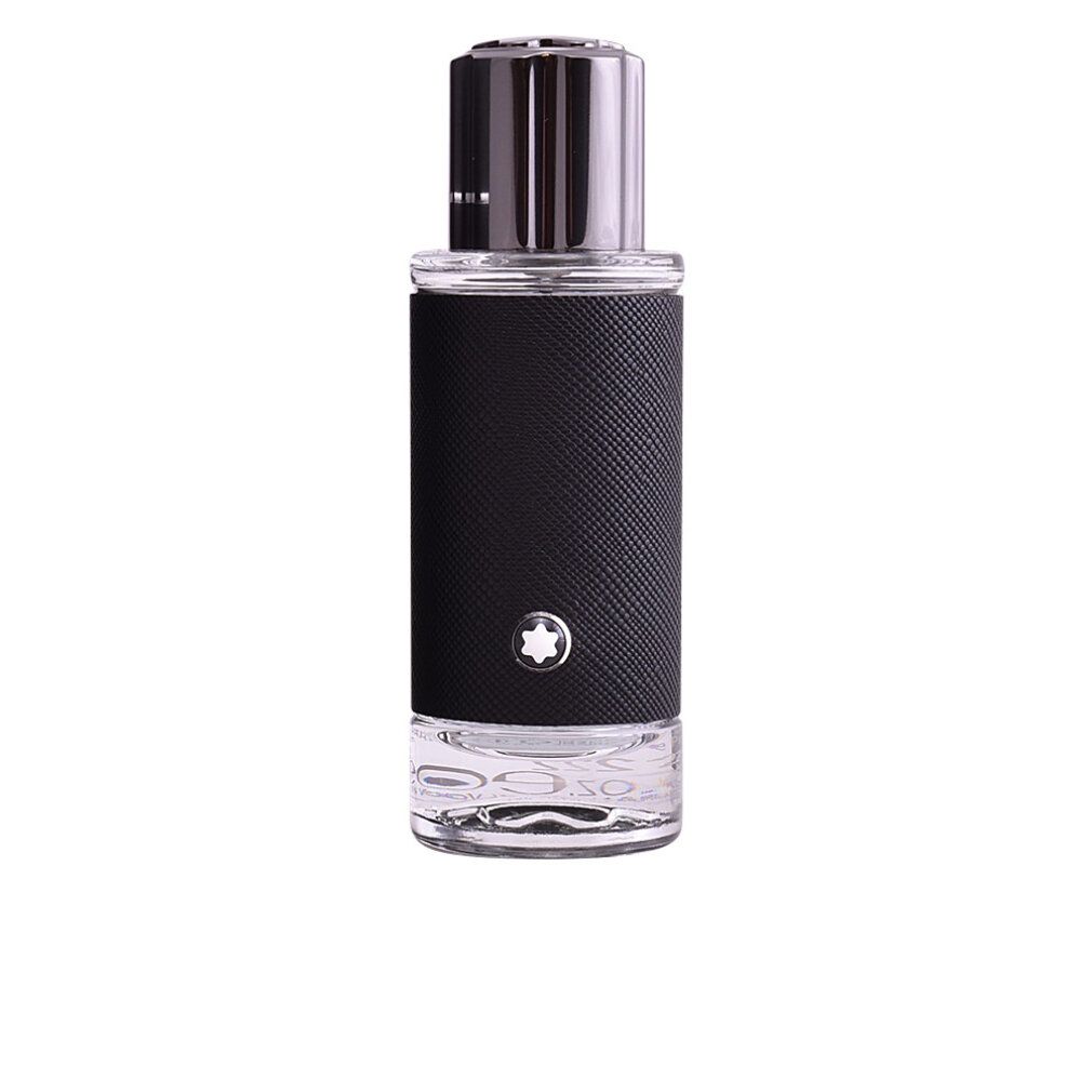 Parfümflasche mit schwarzem Lederimitat-Design und silbernem Deckel. Montblanc-Logo auf der Vorderseite.
