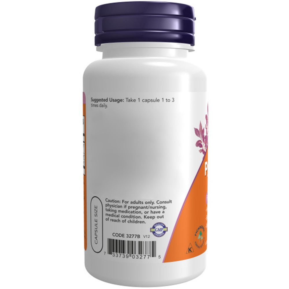 Rückseite der Flasche. Aufschrift: Capsule Size. Enthält Informationen zur Anwendung und Vorsichtshinweise. Marke: NOW. Code 3277B.