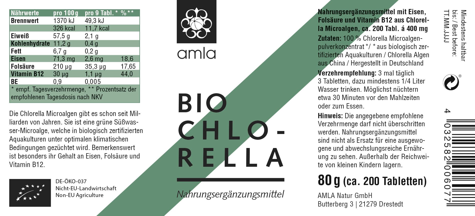 Etikett mit "amla" Logo, "BIO CHLORELLA" und "Nahrungsergänzungsmittel". Text mit Nährwertangaben und Inhaltsstoffen.