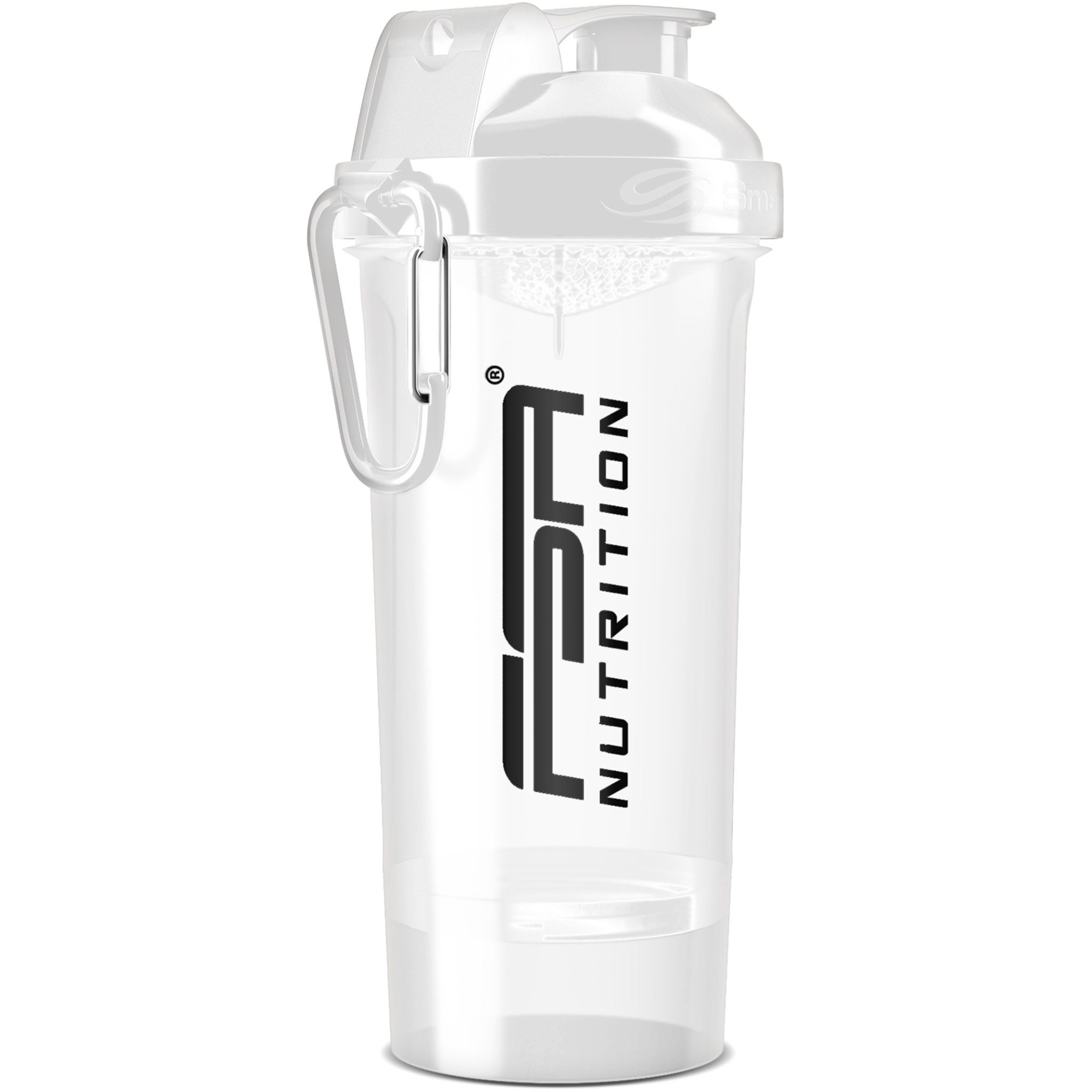 Transparenter Shaker mit schwarzem Logo von FSA NUTRITION. Mit Deckel, Karabinerhaken und Pulverfach.