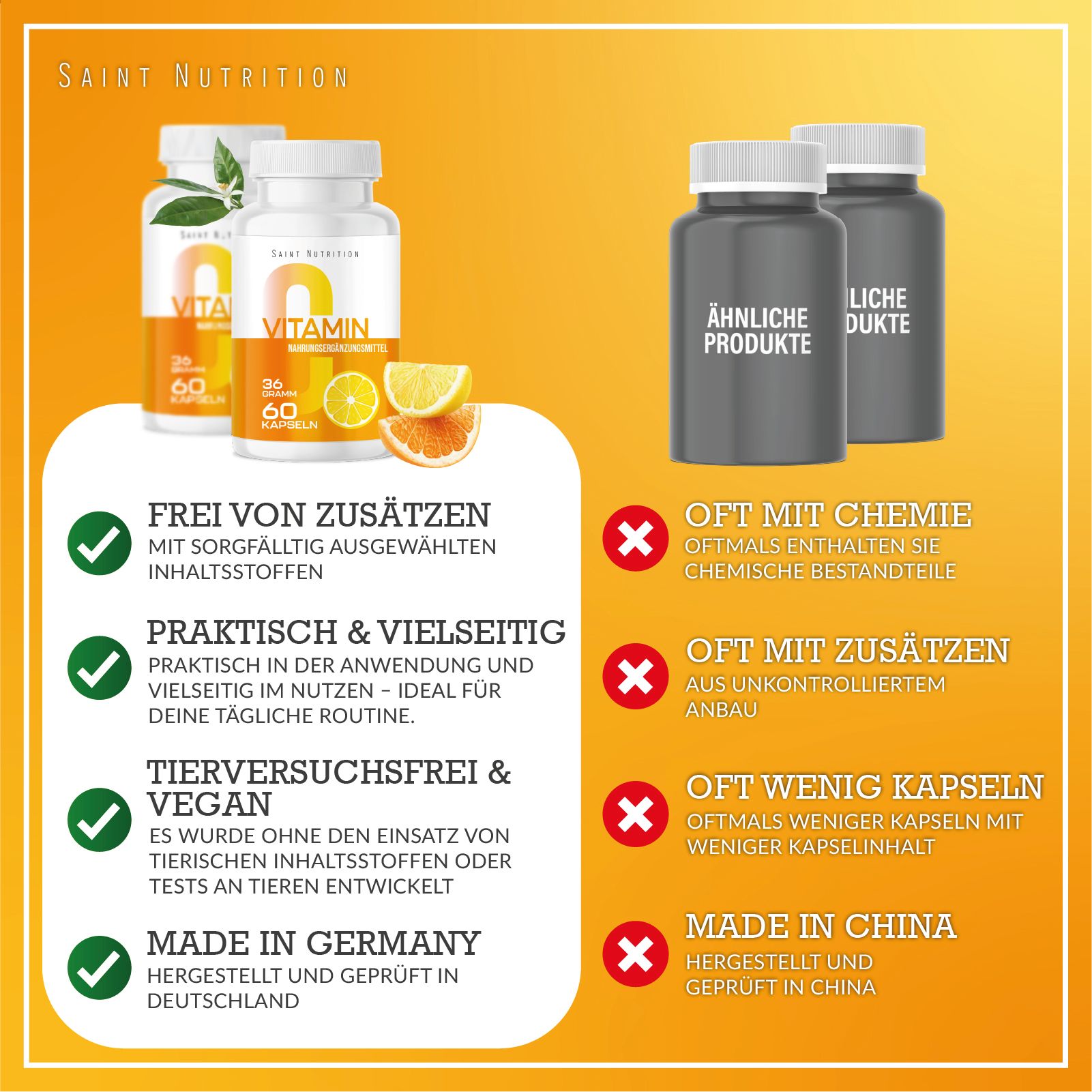 Vergleich von Saint Nutrition Vitamin C Kapseln mit anderen Produkten. Vorteile: Zusatzfrei, vegan, Made in Germany.