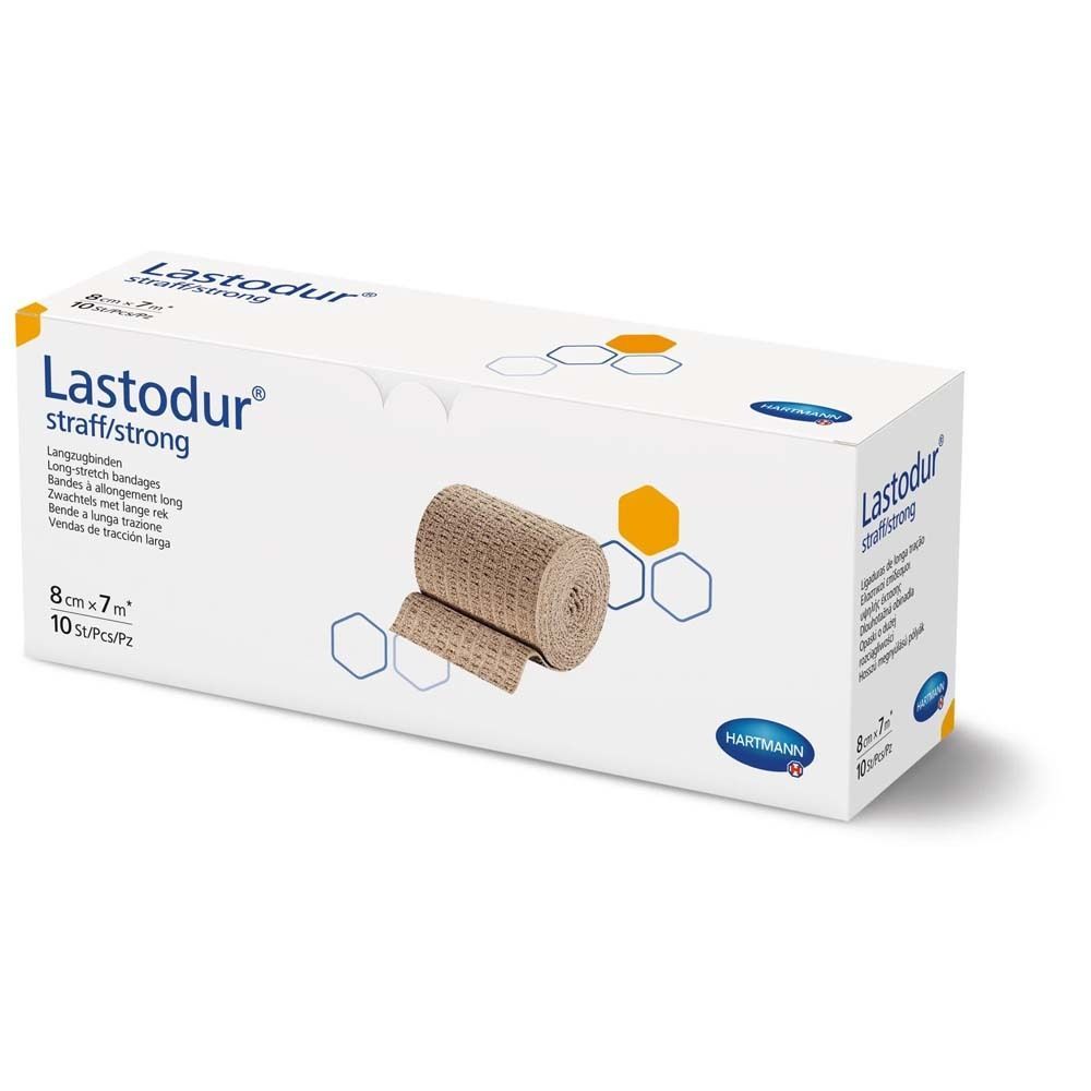 Verpackung von HARTMANN Lastodur® straff/strong. Bandage, 8cm x 7m, 10 Stück. Braune Rolle und Auszug. HARTMANN Logo.