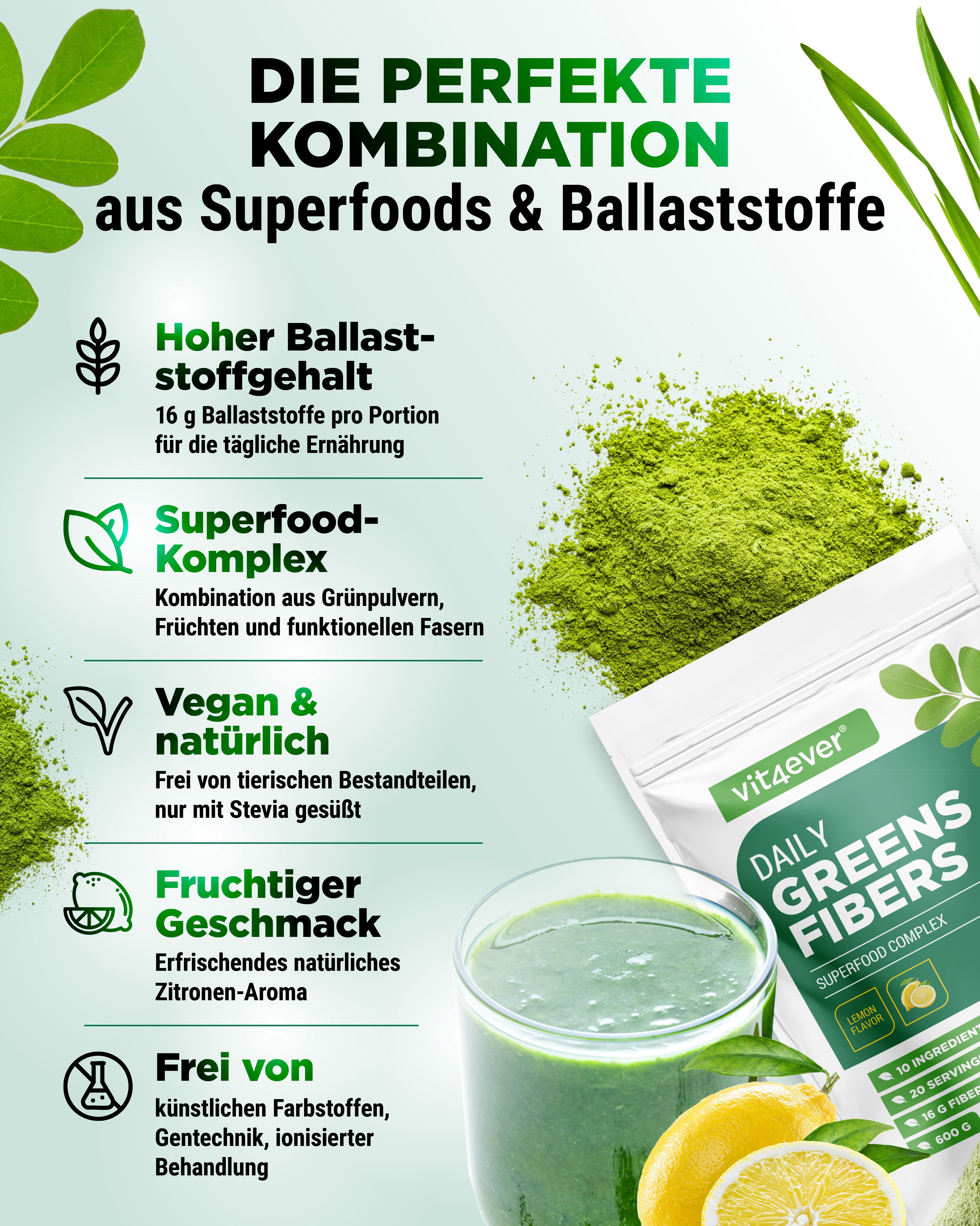 Produktabbildung mit Text: Die perfekte Kombination aus Superfoods & Ballaststoffe. Grünpulver, Glas mit Getränk, Zitrone, Produktverpackung.