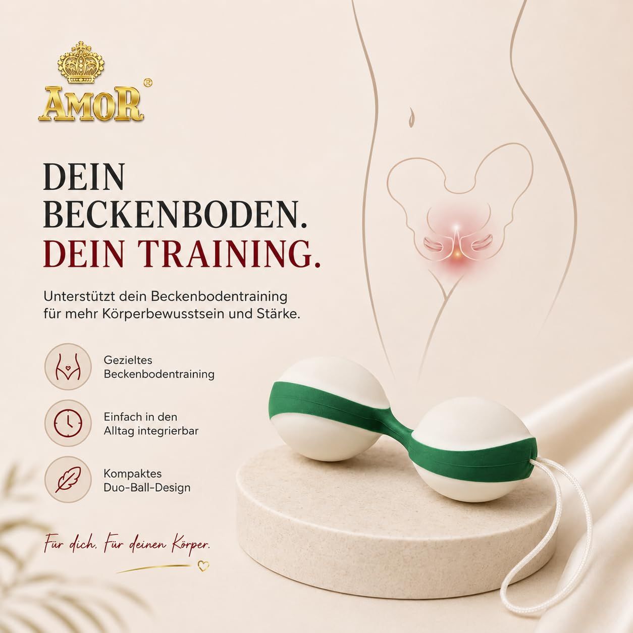 Duo-Beckenbodenkugel mit Schnur, weiß und grün, auf Podest.