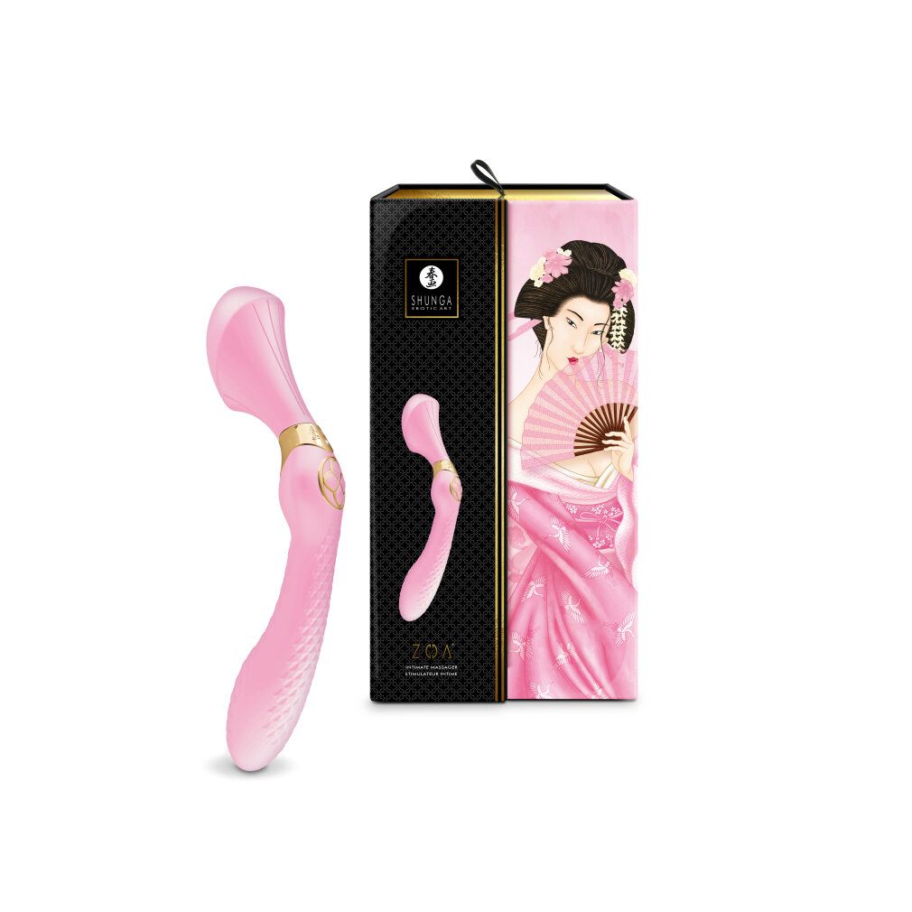 Rosa Stimulator und Verpackung. Geisha-Illustration. Produktname und Logo sichtbar. Auf weißem Hintergrund.