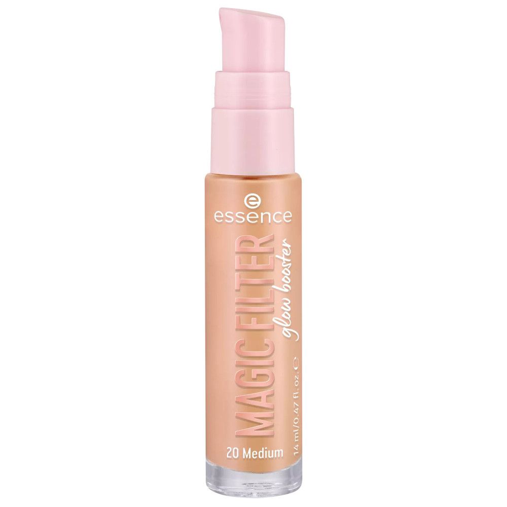 Essence Magic Filter Radiance Boost Foundation. Beige Flasche mit rosa Pumpe. Aufschrift: Magic Filter Glow Booster, 20 Medium.