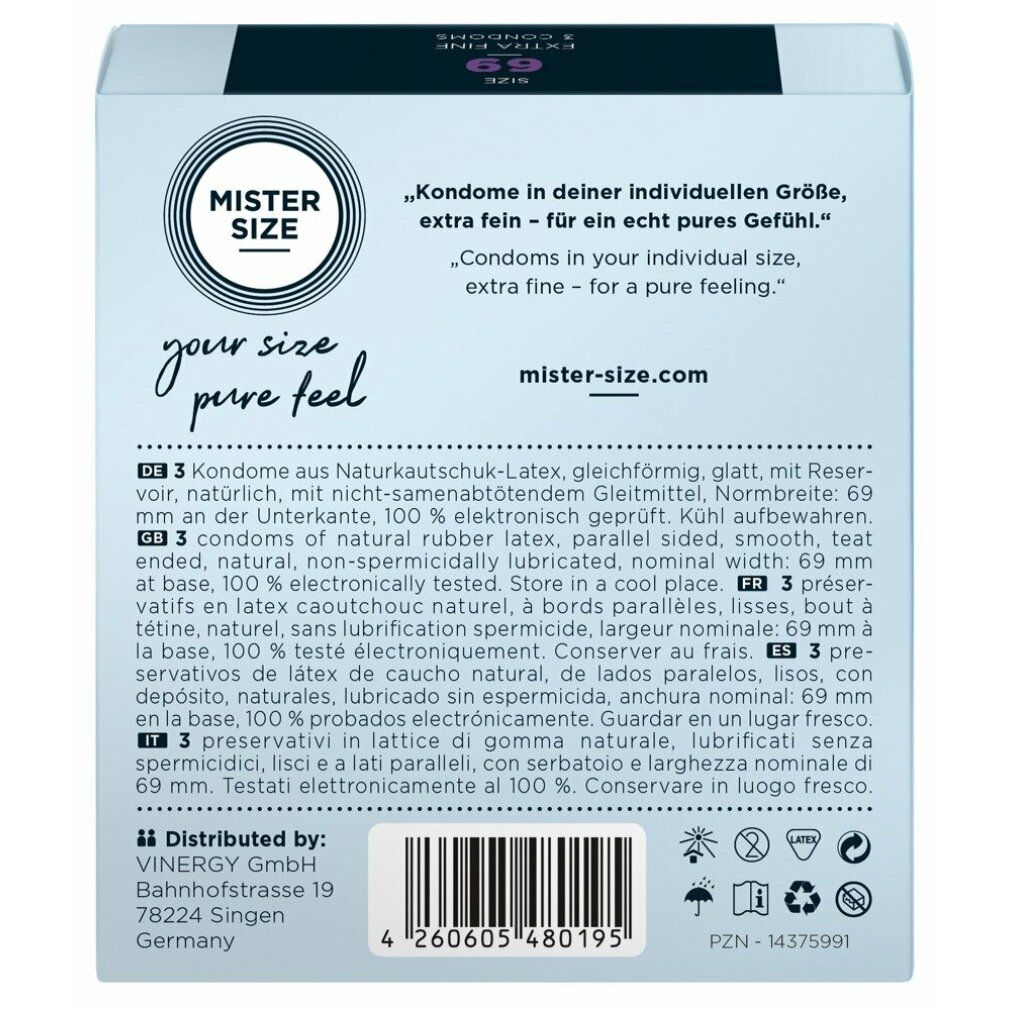 Rückseite der Mister Size 69 Verpackung. Enthält Produktinformationen in mehreren Sprachen, Herstelleradresse und Barcode.