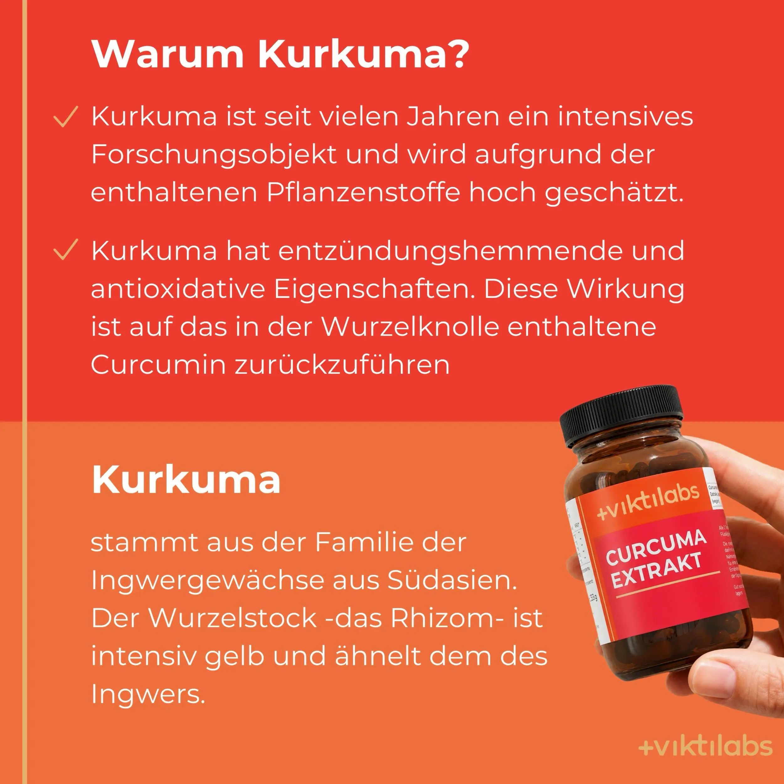 Flasche mit Viktilabs Curcuma Extrakt und mehreren Kapseln daneben.