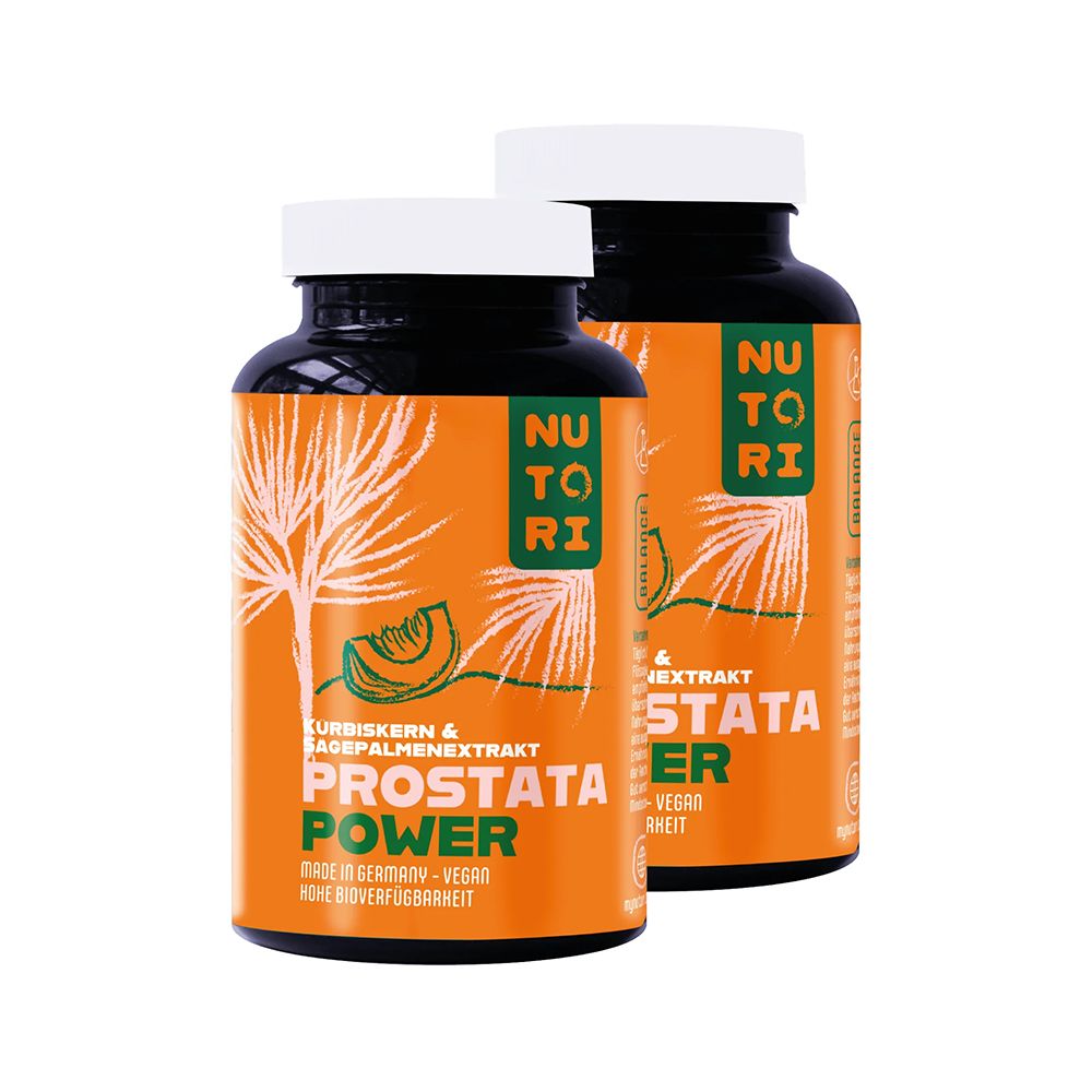 Zwei braune Flaschen mit weißen Deckeln und orangefarbener Verpackung. Aufschrift: PROSTATA POWER. Produktverpackung mit Produktinformationen.