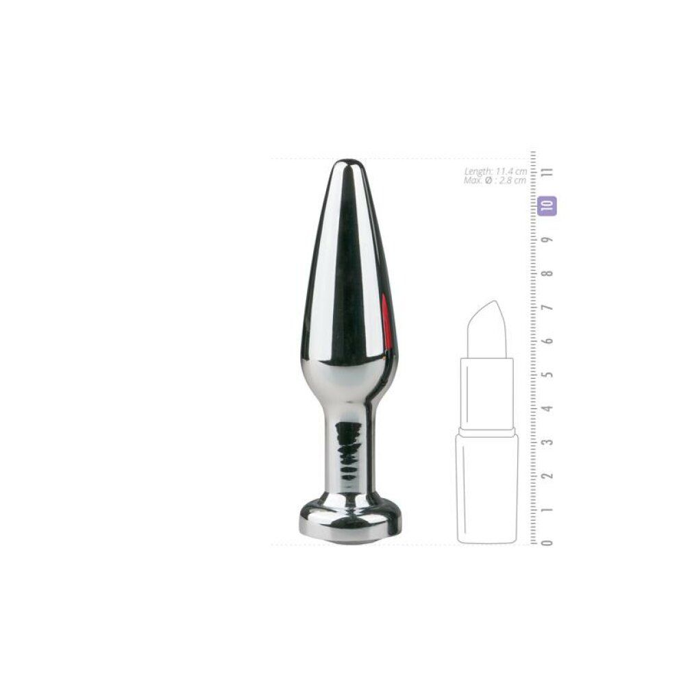 Silberfarbener Analplug, konisch zulaufend. Maße: 11,4 cm lang, max. Ø 2,8 cm. Vergleich mit Lippenstift.