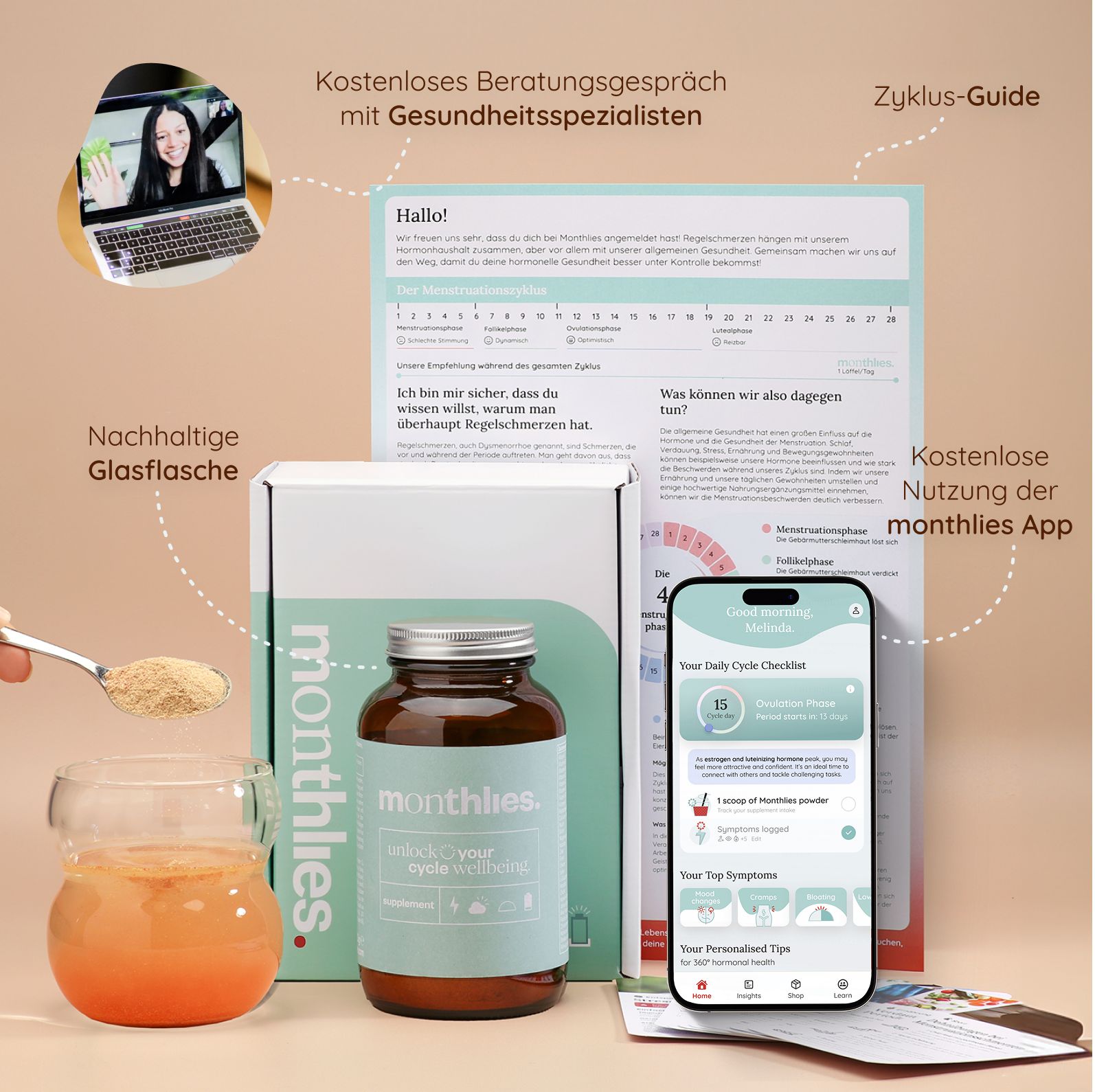 Produktverpackung, Flasche, App, Zyklus-Guide und Pulver in einem Glas. Text: monthlies. Nachhaltige Glasflasche.