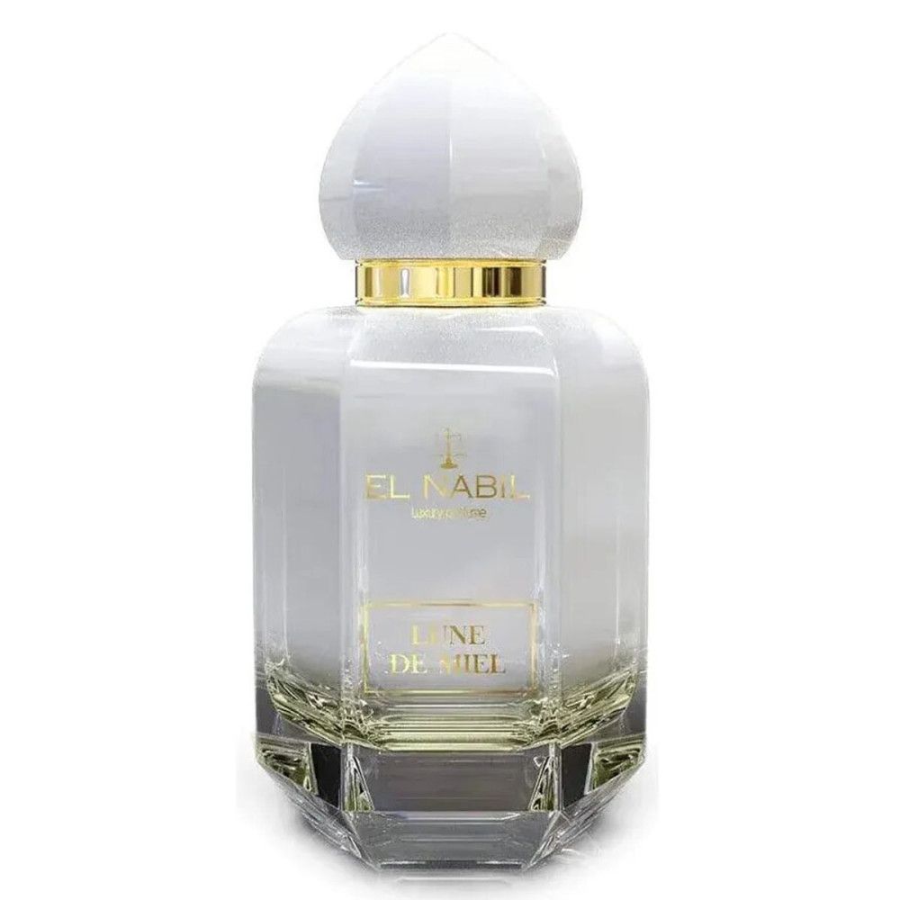 Parfümflakon mit weißem Deckel und goldener Verzierung. Aufschrift: El Nabil, Lune de Miel.