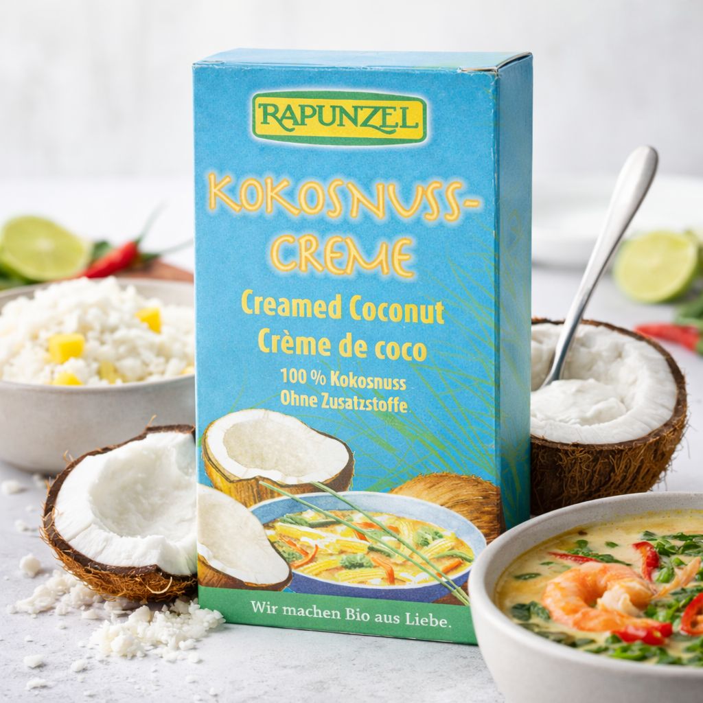 Rapunzel Kokosnuss-Creme Karton mit Kokosnuss-Hälften und einer Schüssel Curry.