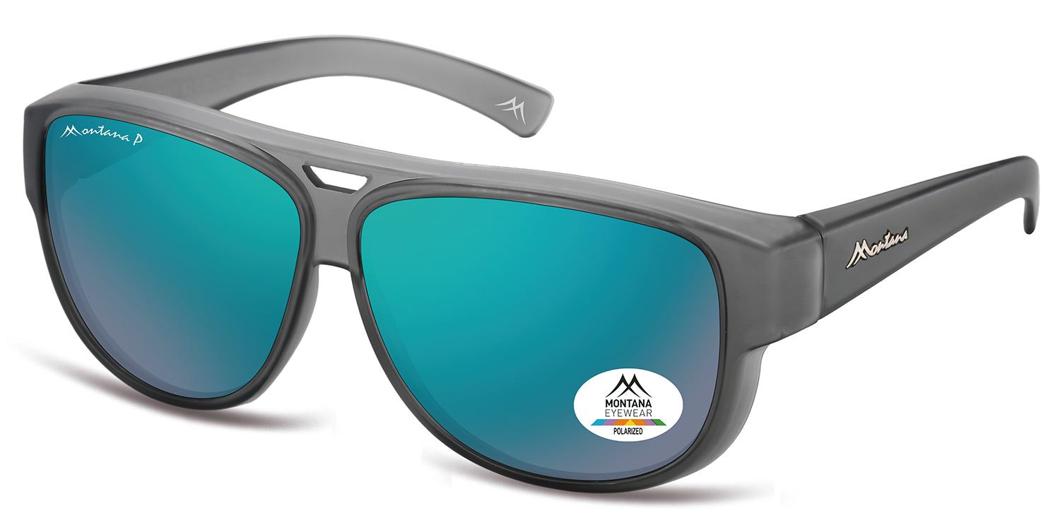 Graue Sonnen-Überbrille mit blau-grünen Gläsern. Montana Eyewear Logo auf dem Rahmen und Glas. Polarisierte Gläser.