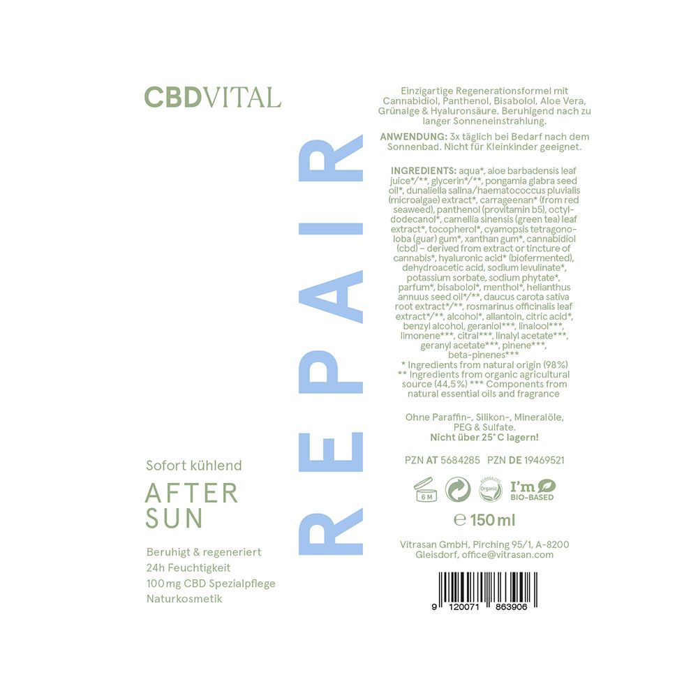 Rückseite der Tube. Text: Inhaltsstoffe, Anwendung, Hersteller, Chargennummer, Mindesthaltbarkeit, 150 ml, BIO-BDIH-Siegel. Aufschrift: AFTER SUN, sofort kühlend.