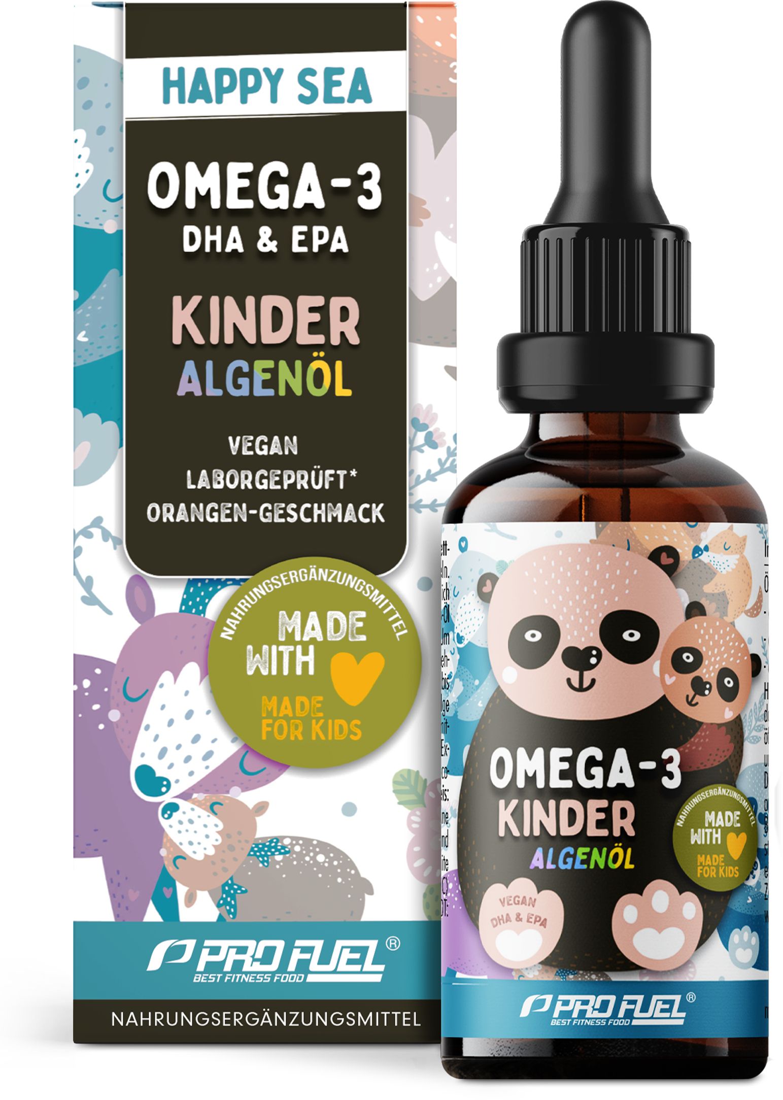 Braune Glasflasche mit Tropfer und Verpackung. Aufschrift: Omega-3 DHA & EPA Kinder Algenöl. Made with Made for Kids.