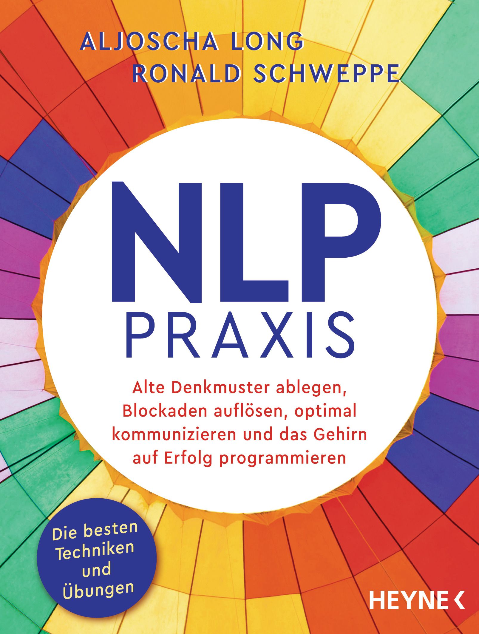 Buchcover von NLP-Praxis. Titel in Blau auf weißem Kreis. Autoren: Aljoscha Long, Ronald Schweppe. Verlag: Heyne. Aufschrift: Alte Denkmuster ablegen.
