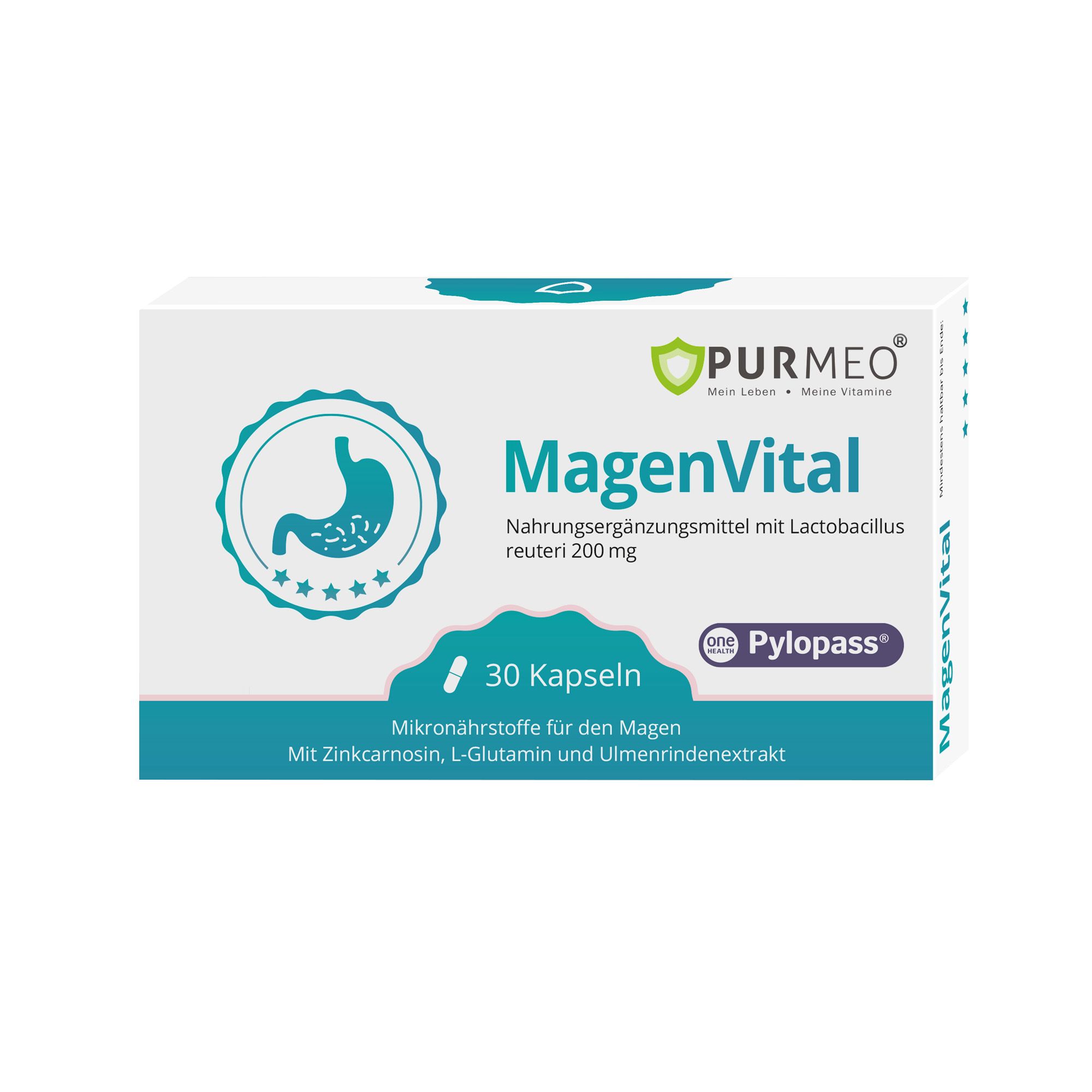 Weiße Produktverpackung mit blauem Streifen. Enthält Produktnamen, Logo, und die Aufschrift '30 Kapseln'.