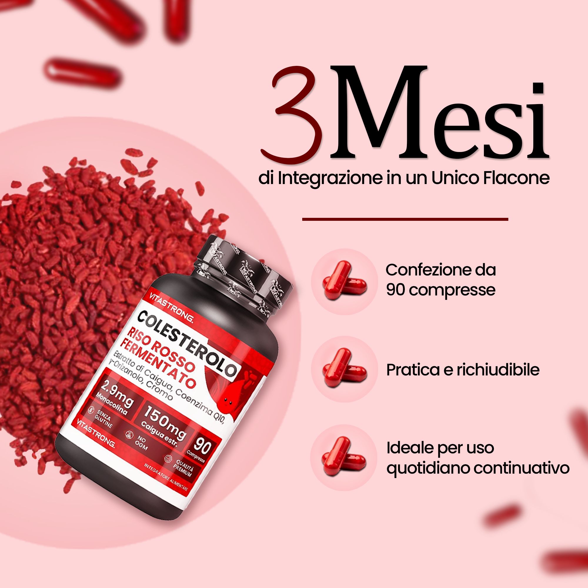 Rote Kapseln neben einer Flasche. Text: 3 Monate, 90 Tabletten, Praktisch und wiederverschließbar, Ideal für den täglichen Gebrauch.