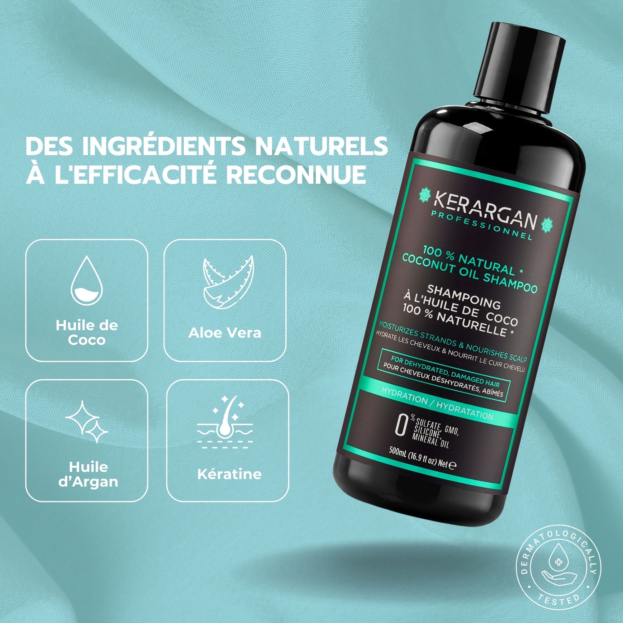Texte : Ingrédients naturels à l'efficacité reconnue. Huile de coco, Aloe Vera, Huile d'Argan, Kératine. Flacon de shampooing.