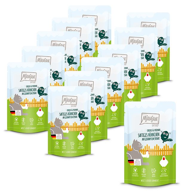 MjAMjAM - Quetschie Chicks & Friends saftiges Hühnchen an gedämpftem Spinat 12x125 g Futter
