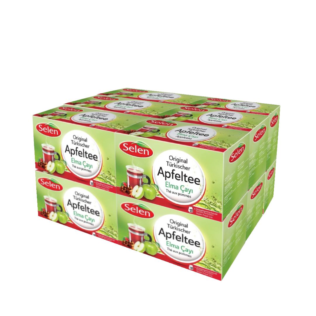 Karton mit Selen Original Türkischer Apfeltee. Grün-weißes Design mit Produktabbildung und Schriftzug.