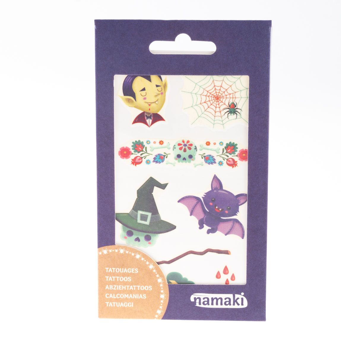Tattoos 'Horror World' in Verpackung. Motive: Vampir, Spinnennetz, Totenkopf, Fledermaus, Hexenhut. Marke: Namaki.