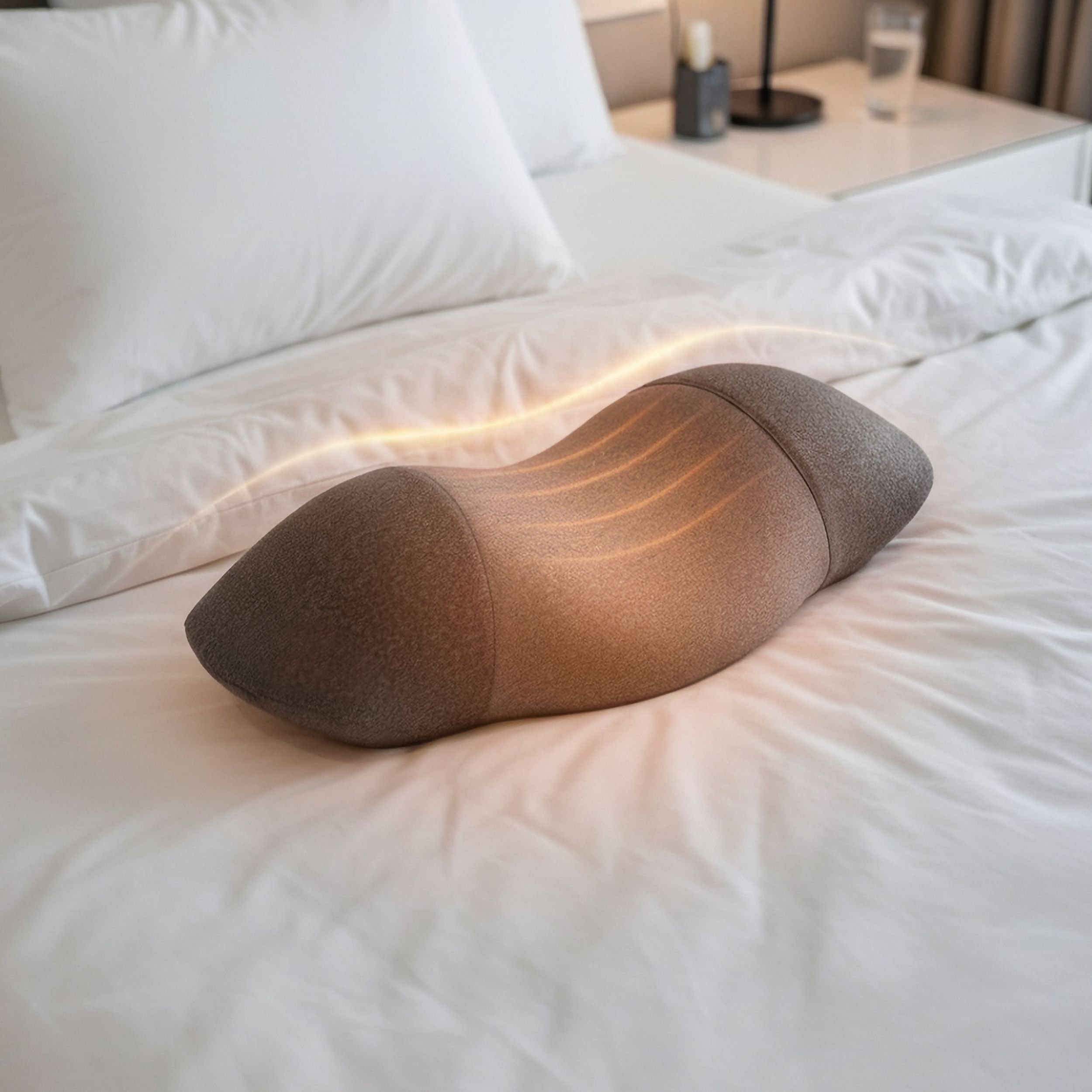 Graues Nackenkissen auf einem Bett. Ergonomische Form mit zwei verschiedenen Grautönen.