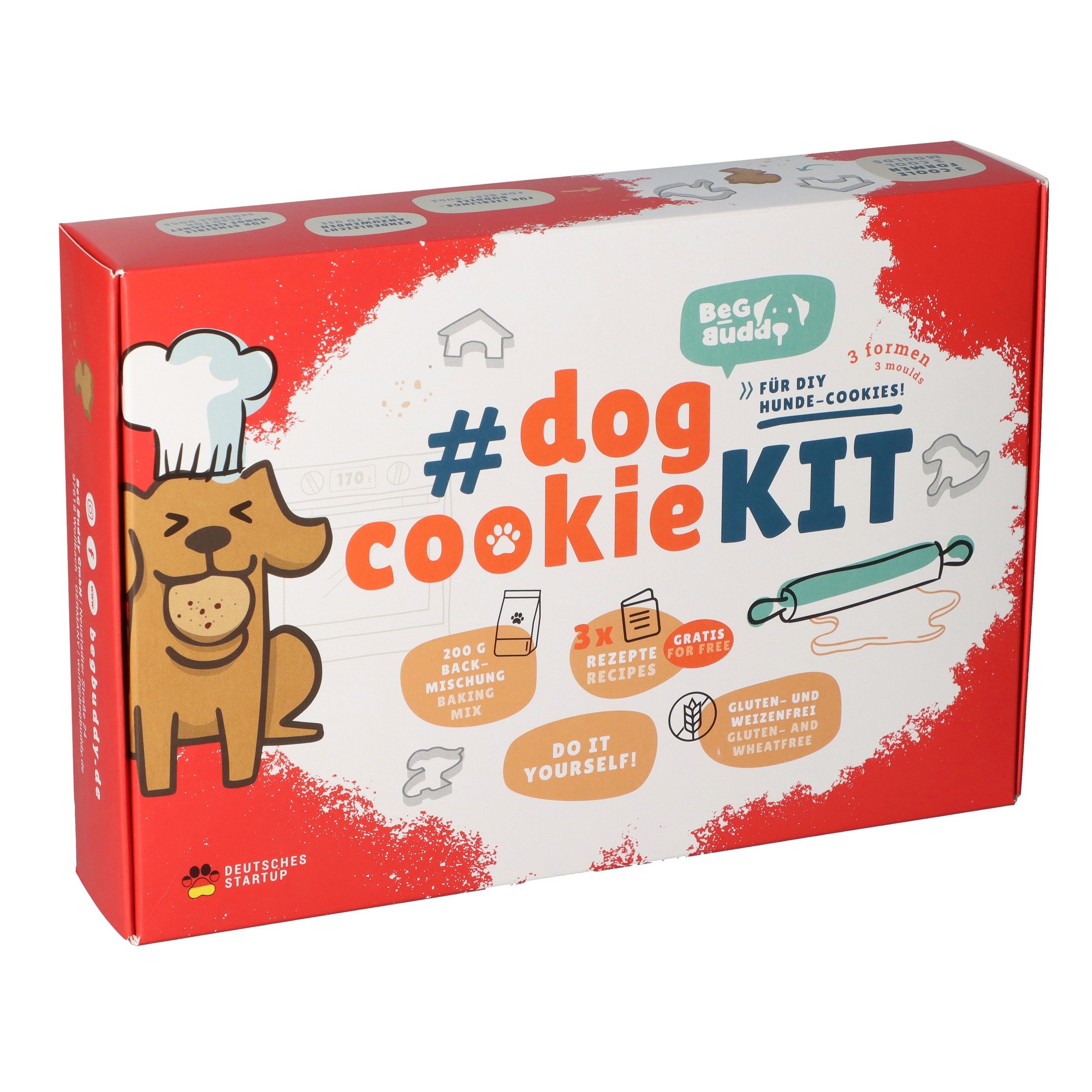 BeG Buddy Cookie Kit. Rote Verpackung mit Produktabbildung und Text. Enthält Backmischung, Rezepte und Ausstechformen.