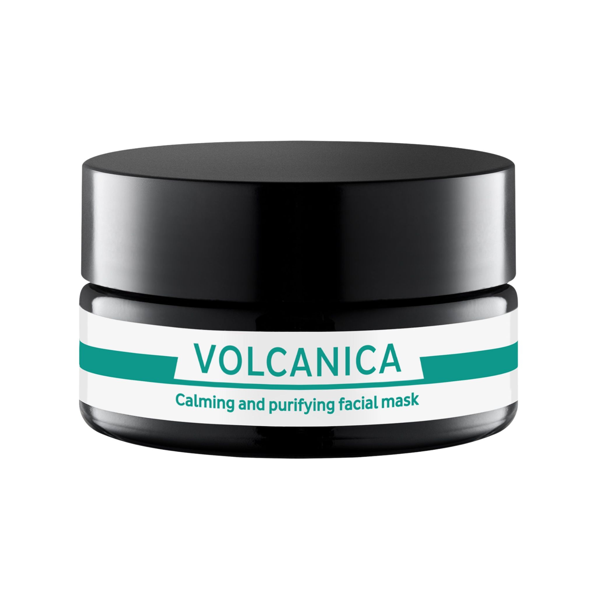 Dunkles Tiegel mit weißem Etikett und grünen Akzenten. Aufschrift: VOLCANICA, Calming and purifying facial mask.