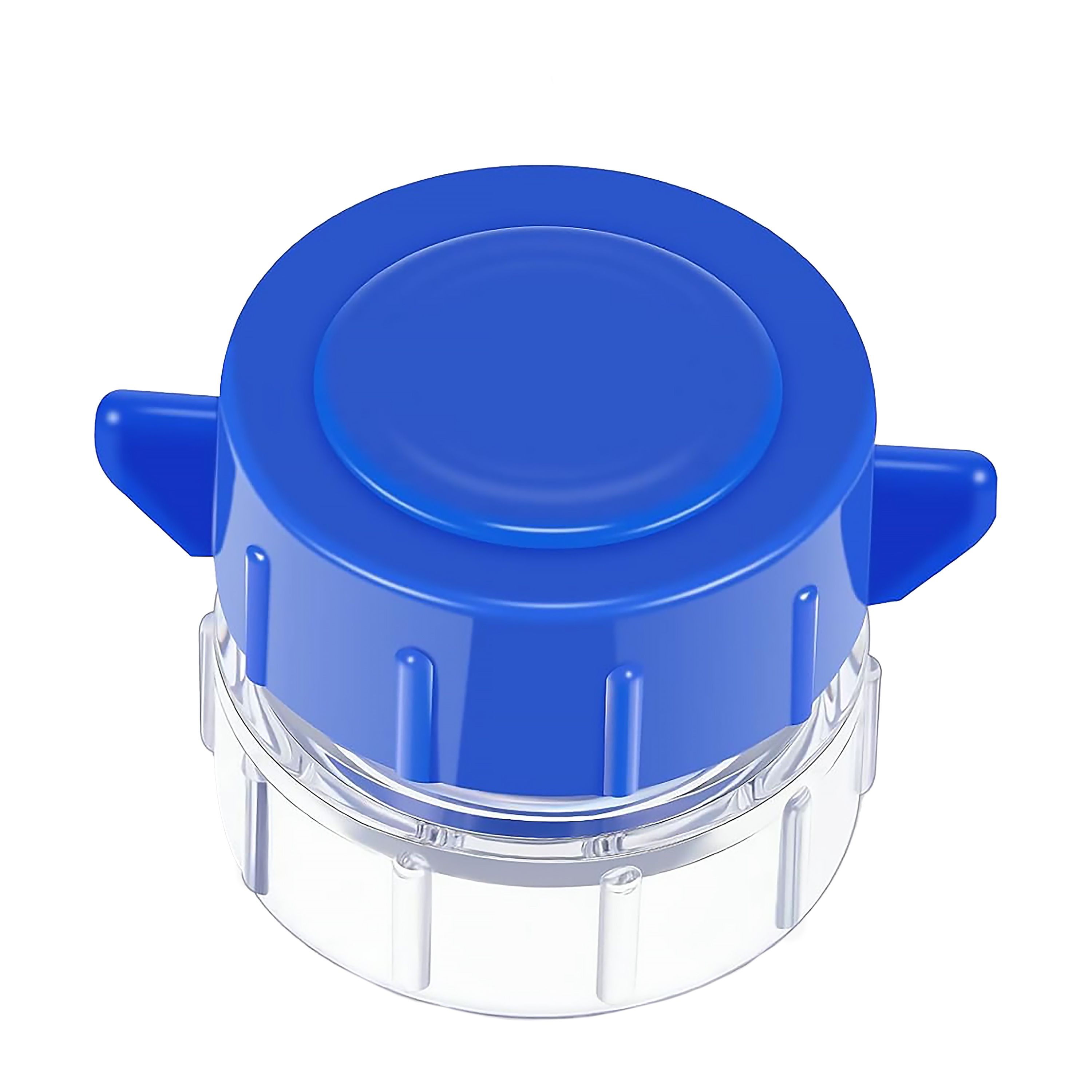 Blauer Tablettencrusher mit transparentem Behälter. Oberteil mit zwei Flügeln. Nahaufnahme.