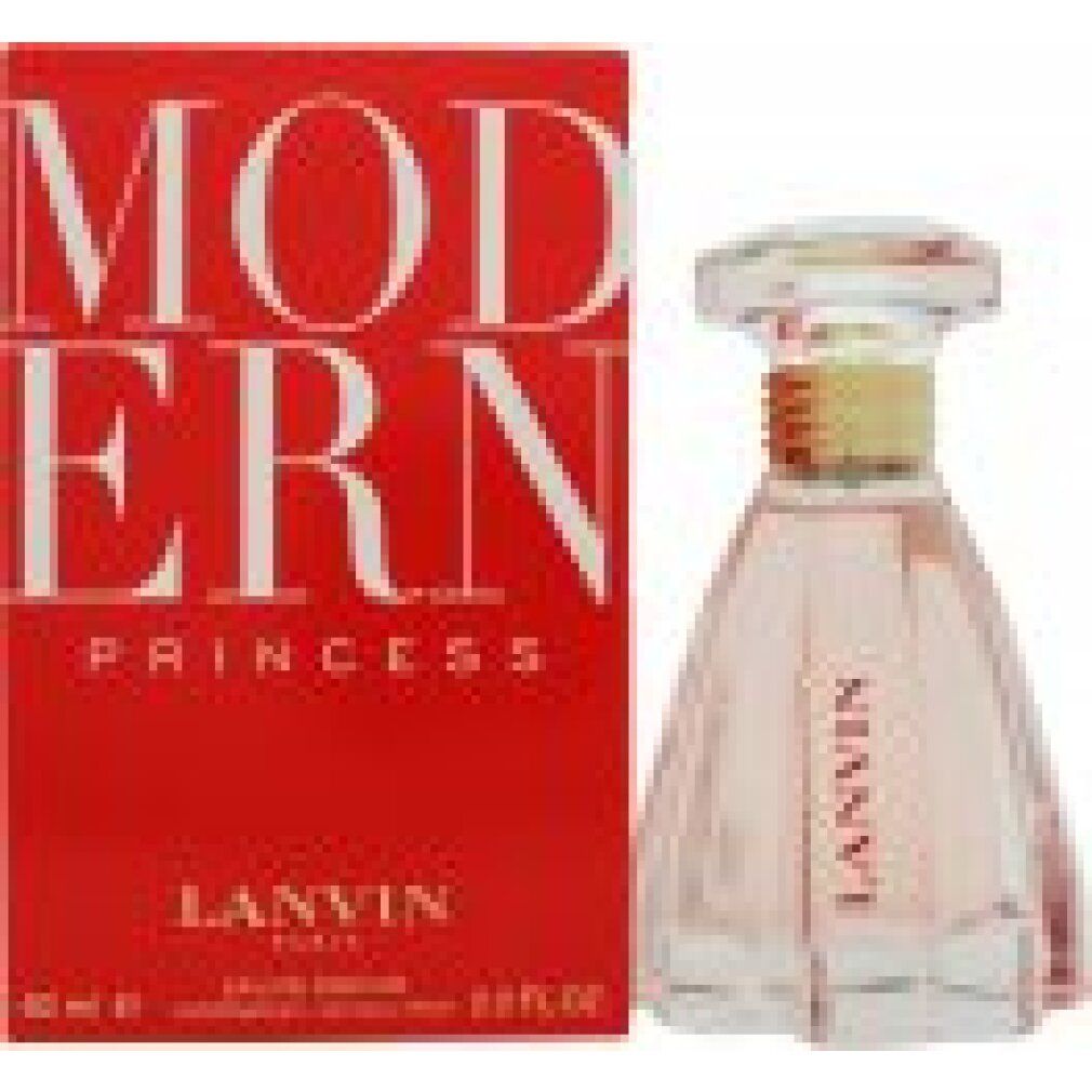 Parfümflakon und Schachtel. Flakon mit transparentem Deckel und rosa Flüssigkeit. Rote Schachtel mit weißem Schriftzug: MODERN PRINCESS, LANVIN PARIS.