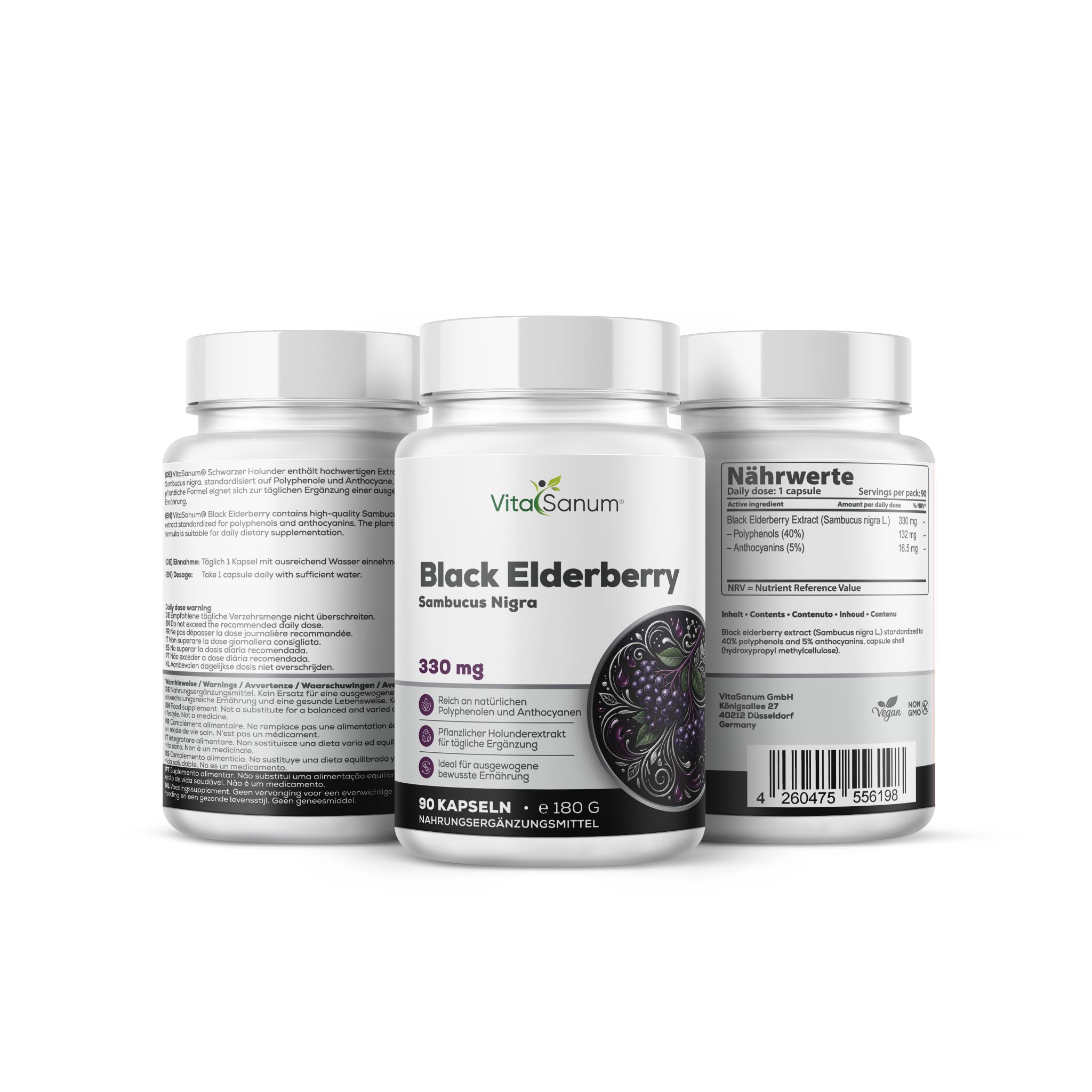VitaSanum® Schwarzer Holunder Kapseln, 330 mg, 90 Stück, mit Nährwertangaben.