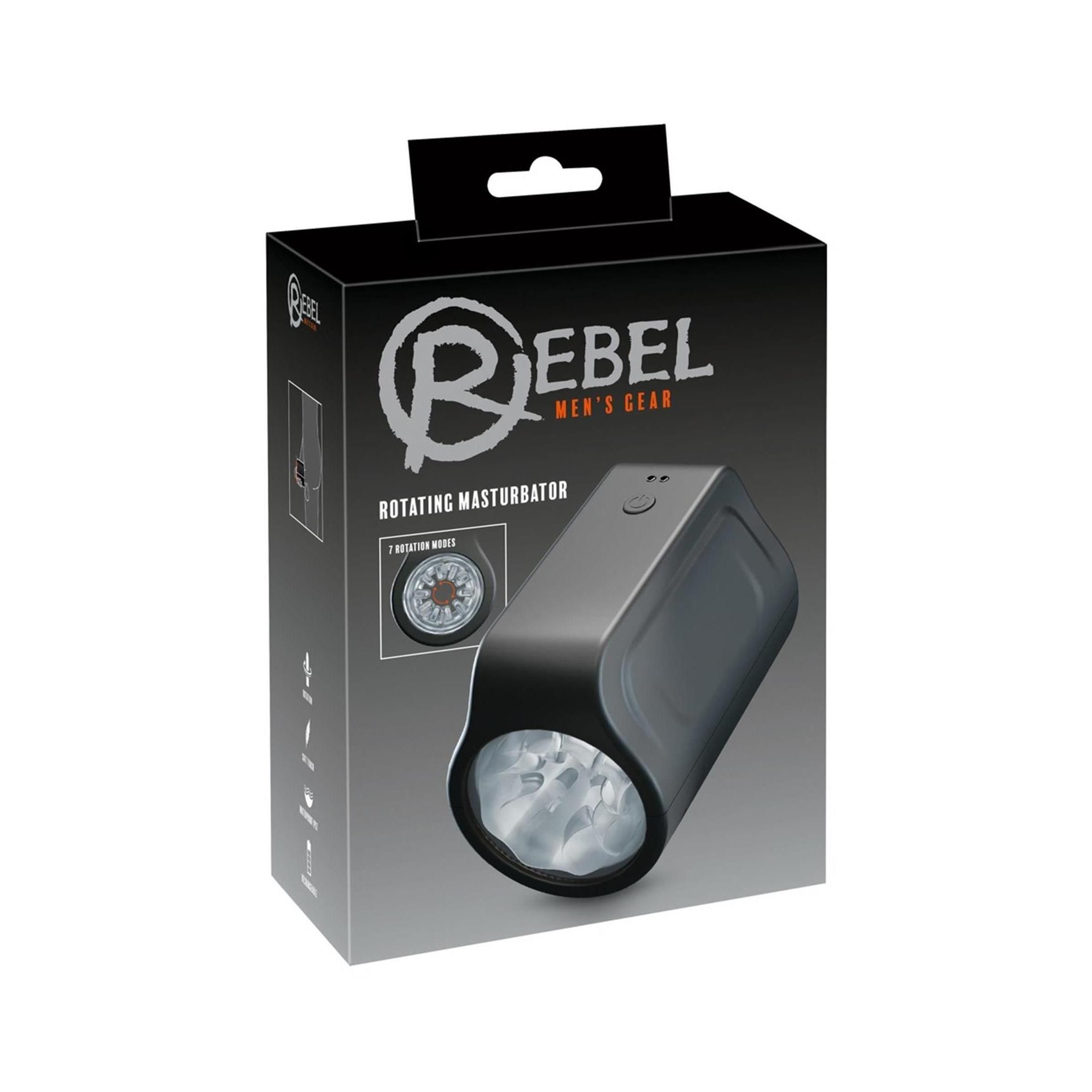 Verpackung mit Produktabbildung. Schwarzer Karton mit Produktname und Logo. Text: Rotating Masturbator.