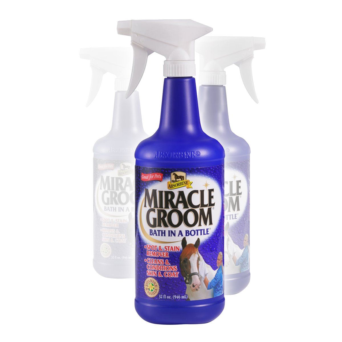 Blauwe fles met witte sproeikop. Aufschrift: MIRACLE GROOM, BATH IN A BOTTLE. Enthält Reiniger, Conditioner für Haut und Fell.