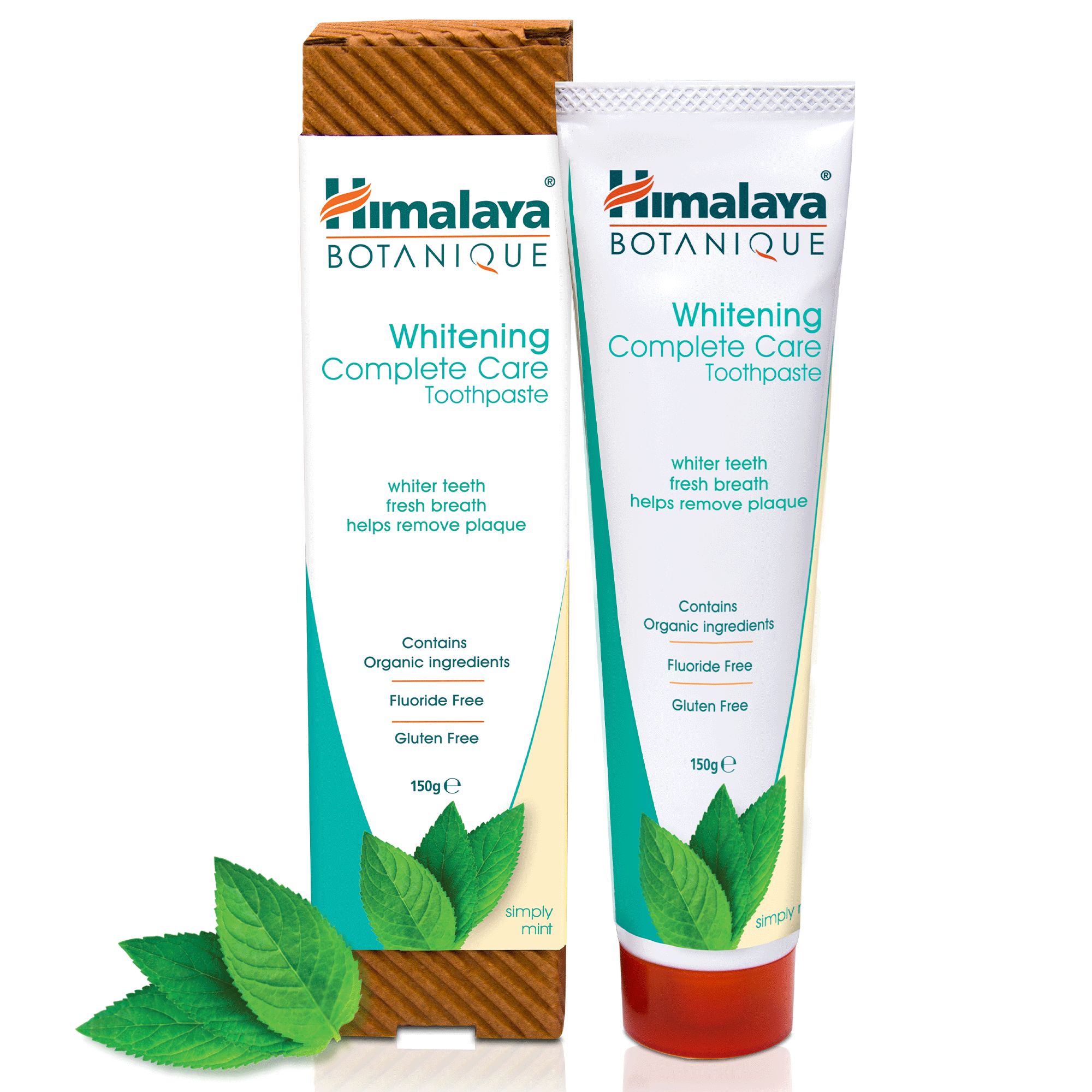 Zahnpasta-Tube und Schachtel. Aufschrift: Himalaya Botanique Whitening Complete Care. Enthält Bio-Inhaltsstoffe, fluorid- und glutenfrei.