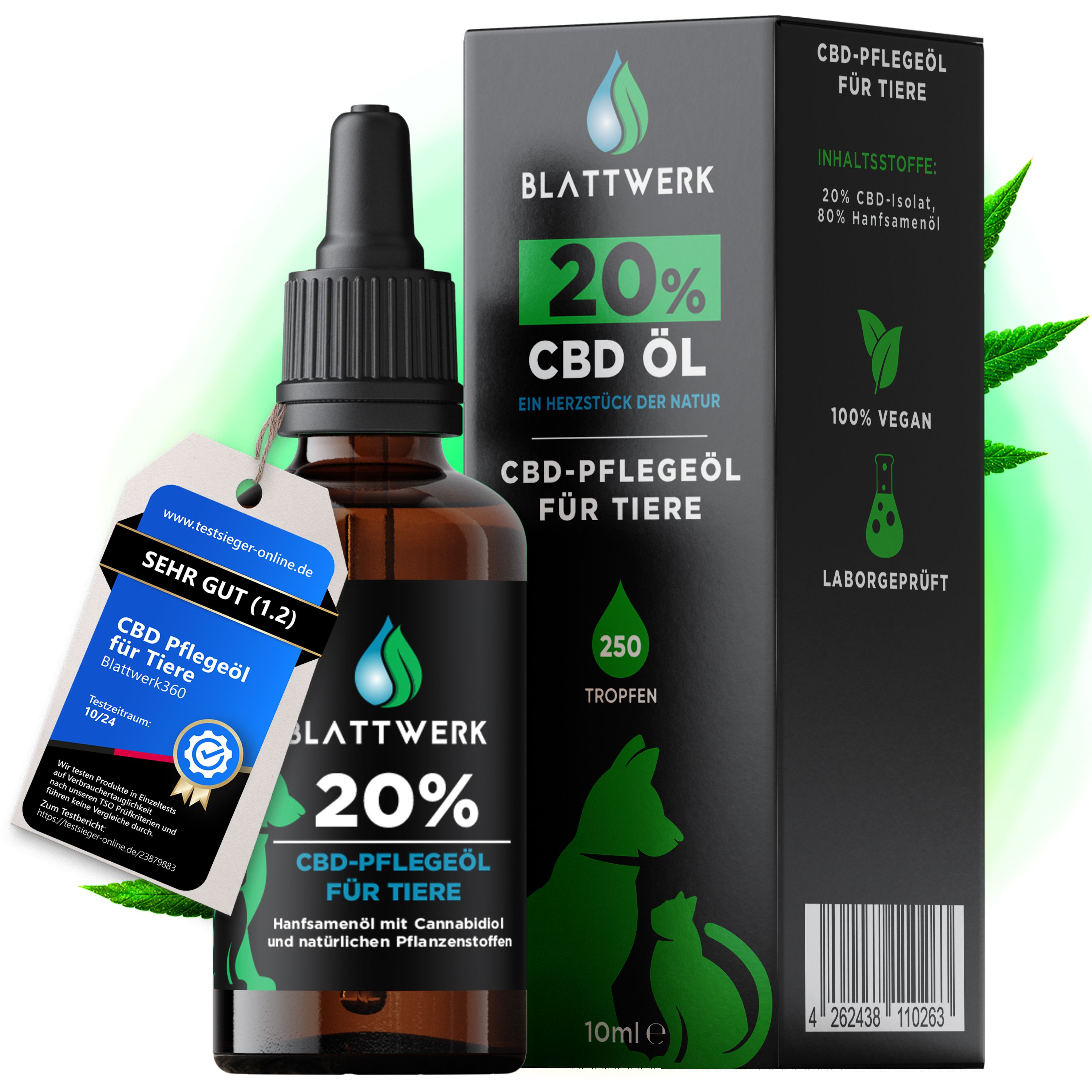 Braune Glasflasche mit Tropfer und Verpackung. Aufschrift: 20% CBD Öl für Tiere. Siegel: Sehr gut.