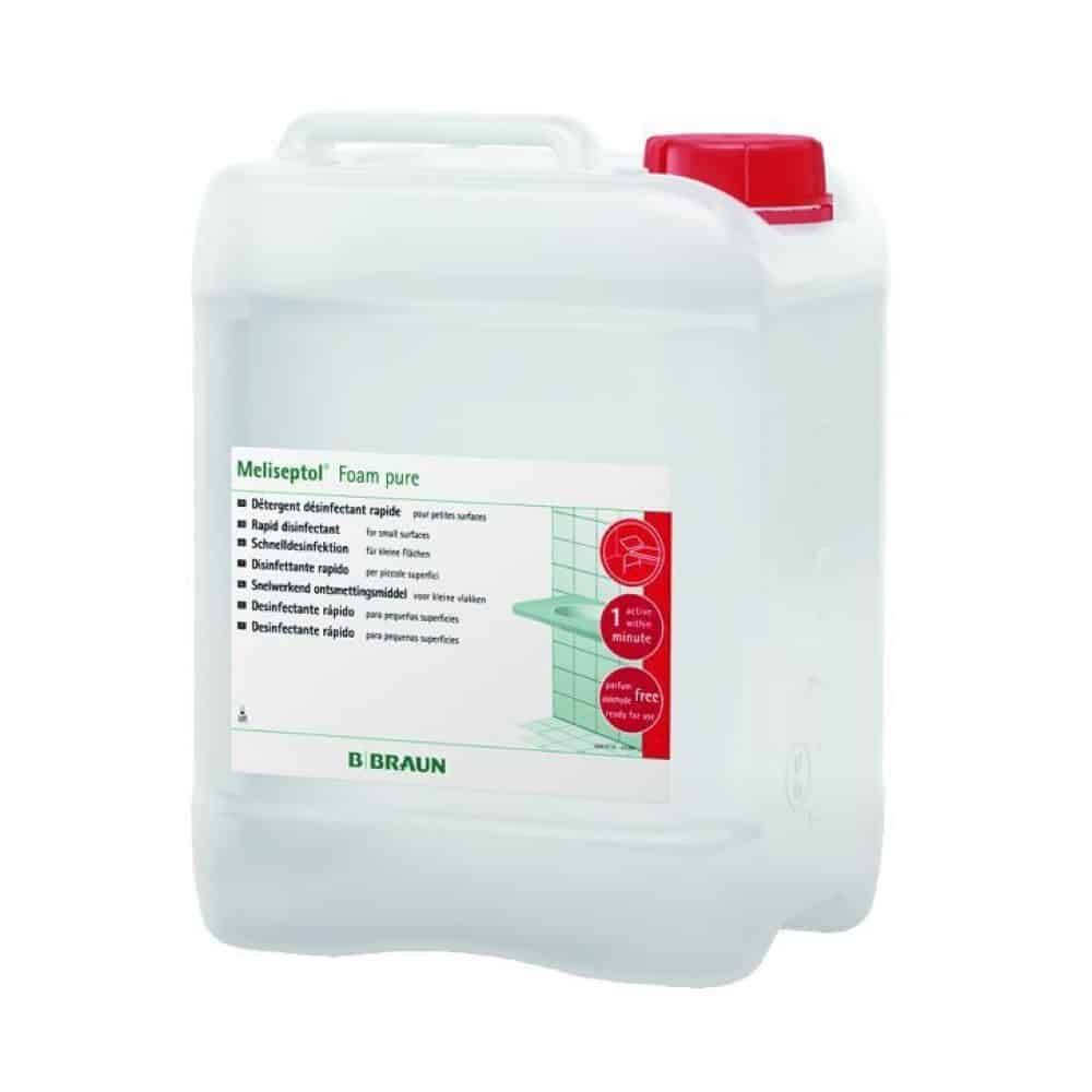 Kanister mit rotem Deckel und Griff. Aufschrift Meliseptol Foam pure und B Braun Logo. Etikett mit Produktinformationen.