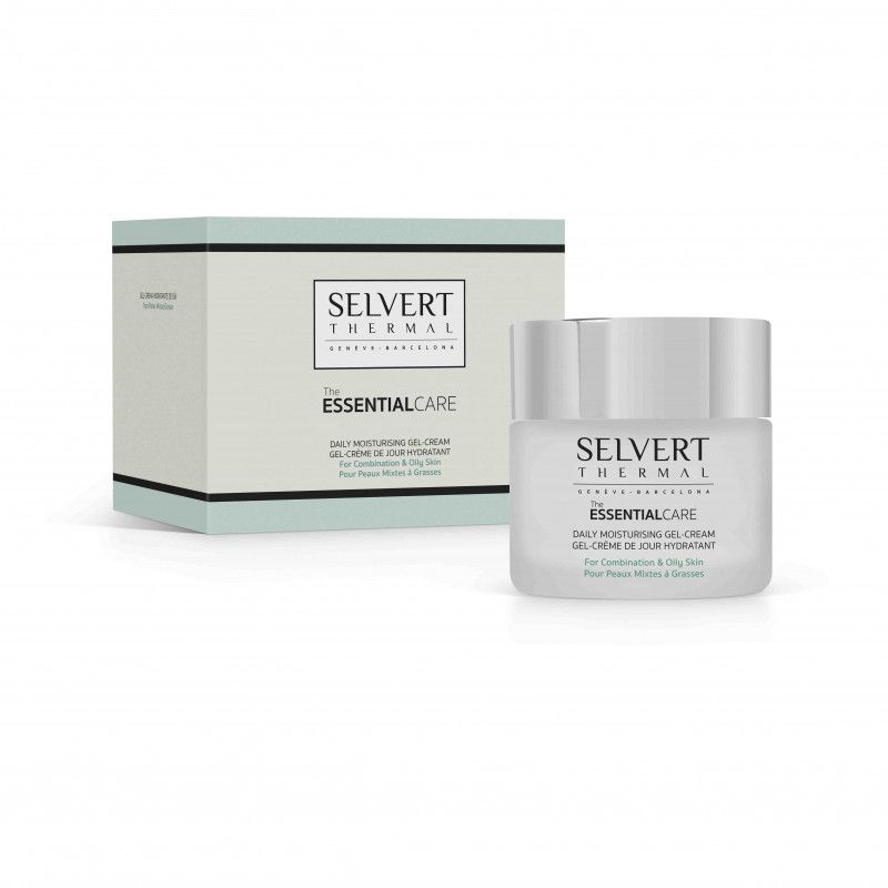 Creme-Tiegel und Schachtel. Aufschrift: Selvert Thermal, Essential Care, Daily Moisturising Gel Cream.