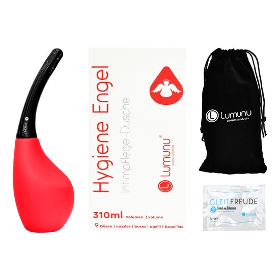 Rote Intimpflege-Dusche, Verpackung, Beutel, Gleitgel. Text: Hygiene Engel, 310ml, 9 Düsen. Marke Lumunu.