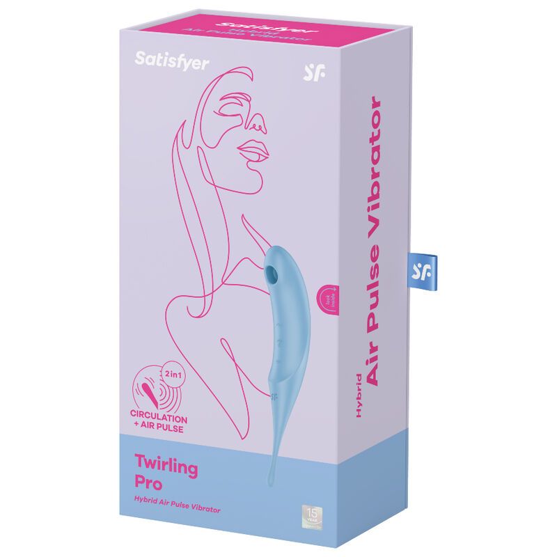 Verpackung von Satisfyer Twirling Pro. Rosa-weißes Design mit Produktabbildung und Text. Aufschrift: Air Pulse Vibrator.