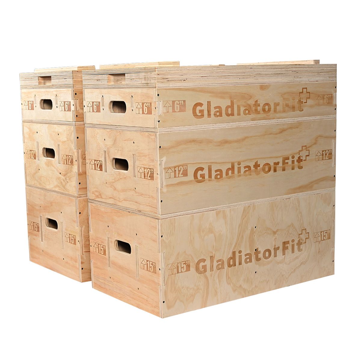 Holz-Jerk Blocks, stapelbar. Drei Blöcke, jeweils mit Griffen und Größenangaben: 6", 12", 15". Marke: GladiatorFit. Hellbraunes Holz.