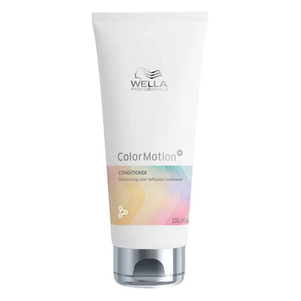 Weiße Tube mit silbernem Verschluss. Aufschrift: Wella Color Motion Conditioner. Farbverlauf und Logo.