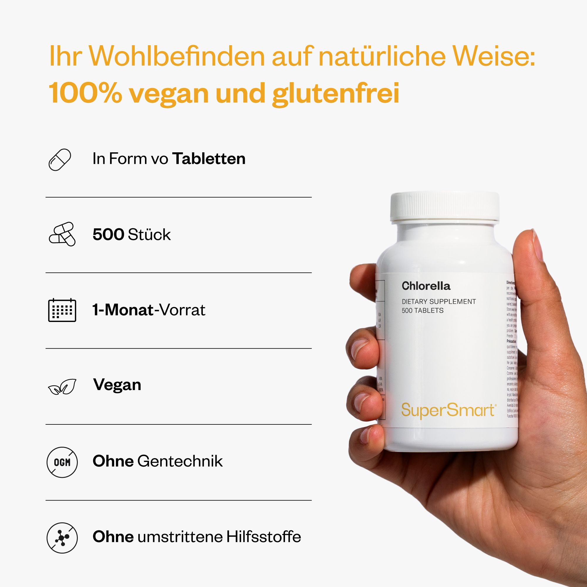 Weiße Flasche Chlorella-Tabletten. Text: Chlorella, Nahrungsergänzungsmittel, 500 Tabletten. SuperSmart-Logo. 100% vegan, glutenfrei.