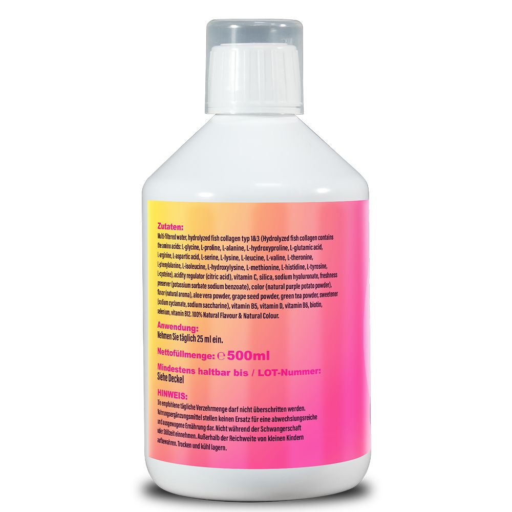 Rückseite der weißen Flasche. Enthält Zutatenliste und Anwendungshinweise. Rosa-gelber Farbverlauf im Hintergrund.