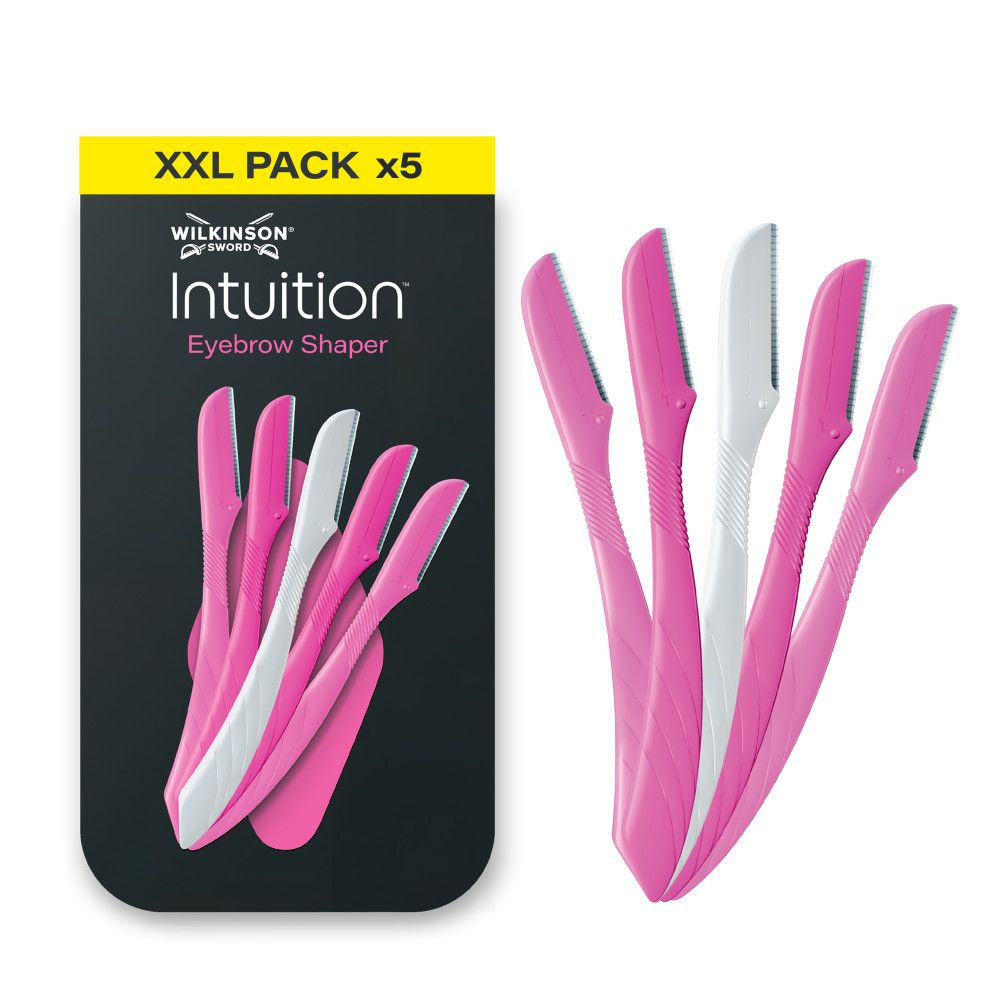 Verpackung mit fünf Wilkinson Sword Intuition Augenbrauen-Rasierern, drei rosa und zwei weiß.