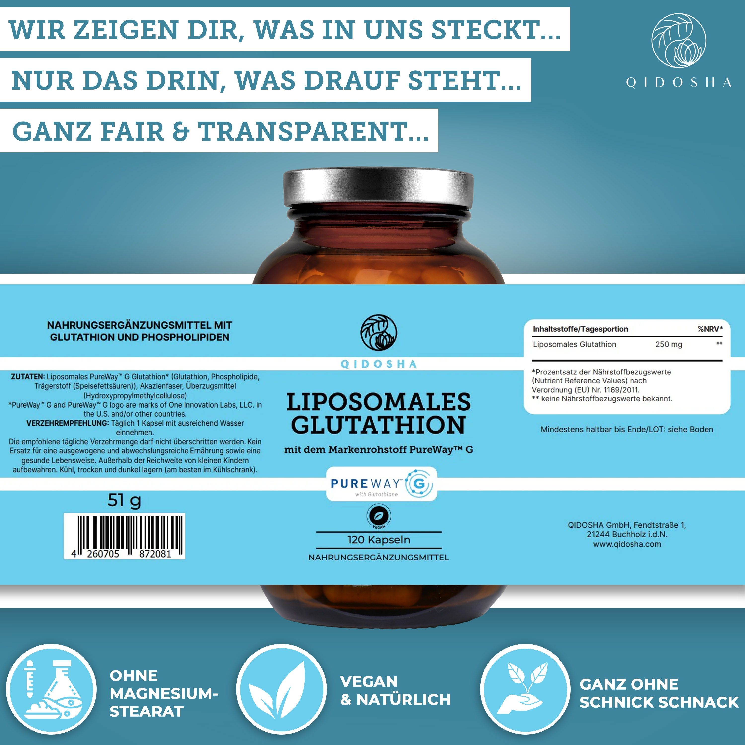 Flasche mit Liposomalem Glutathion Kapseln, Nährwertangaben und Siegel.