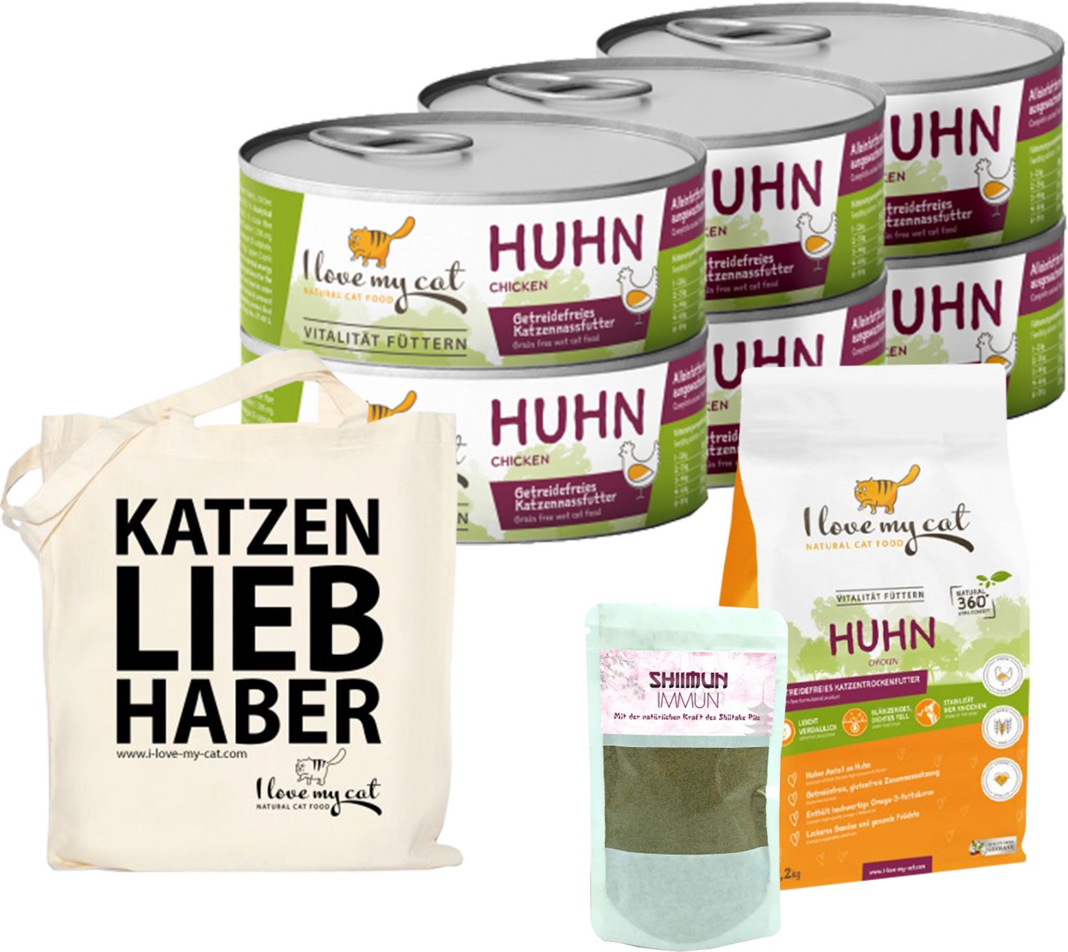 I love my cat Sparset für Europäisch Kurzhaar Trockenfutter und Nassfutter mit Huhn