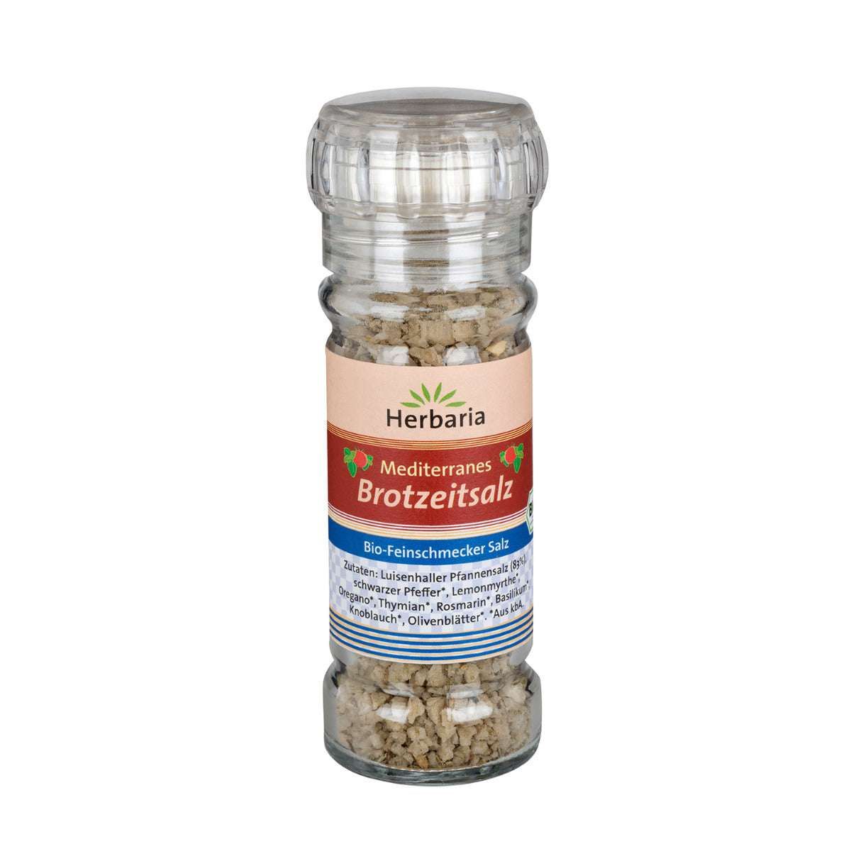 Salzstreuer mit Herbaria-Etikett. Aufschrift: Mediterranes Brotzeitsalz Bio. Transparenter Deckel und Behälter.