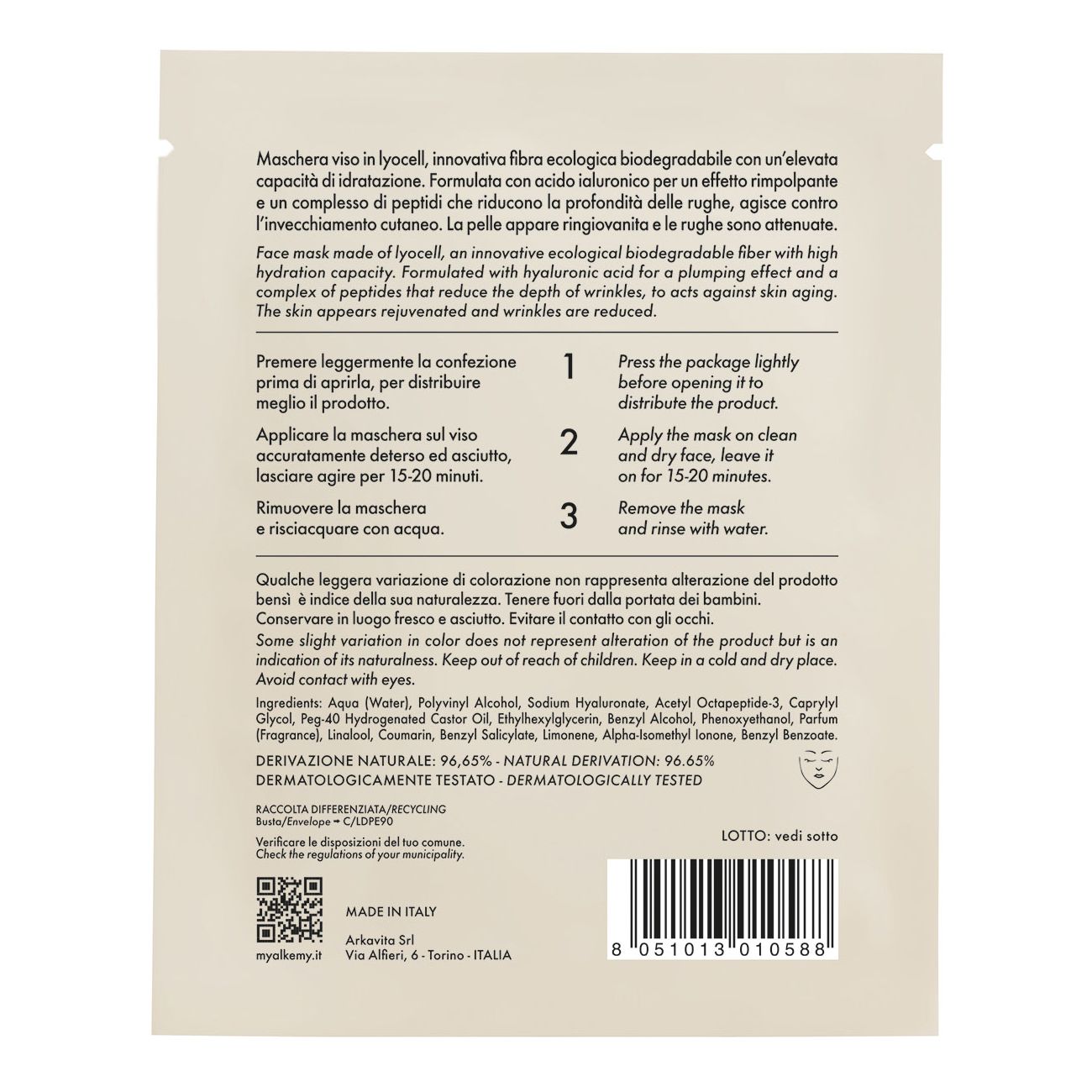 Rückseite einer Alkemy Gesichtsmasken-Verpackung mit Produktinformationen und Anwendungshinweisen.